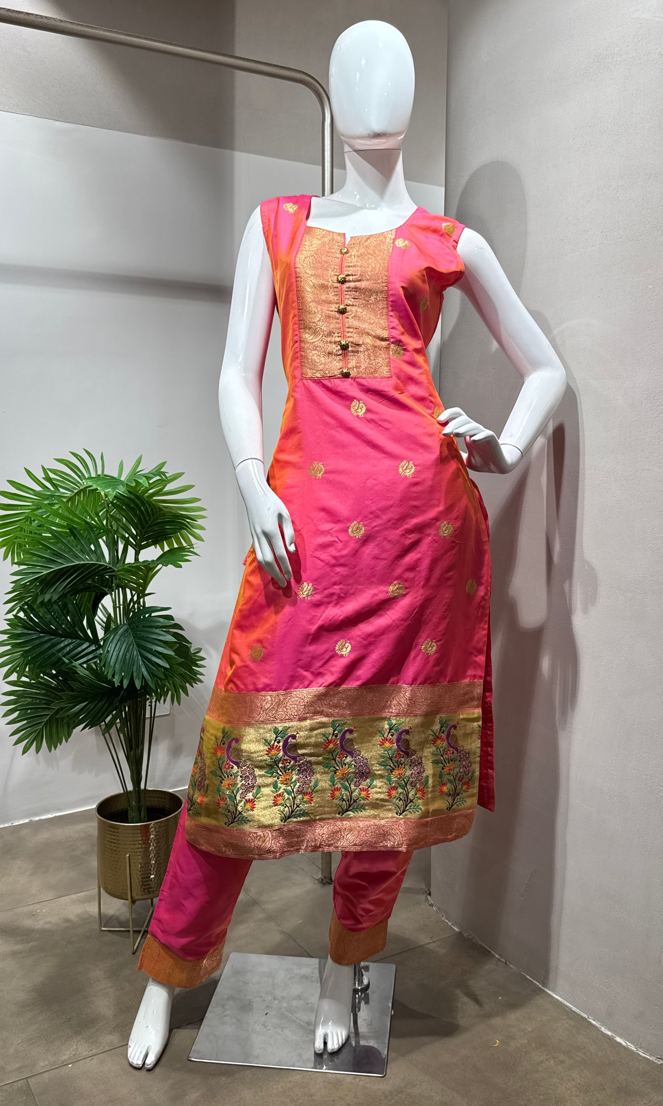 Pink Banarasi Silk Kurta with Paithani Dupatta