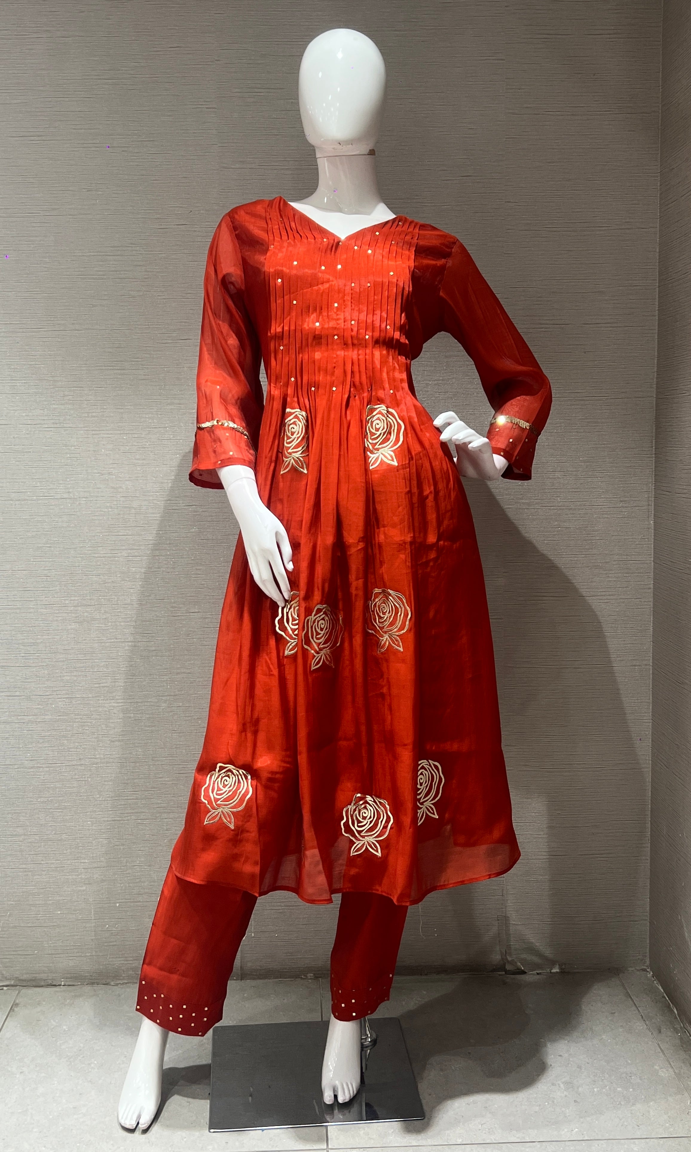 Rust Mul Chanderi Anarkali Kurta Set