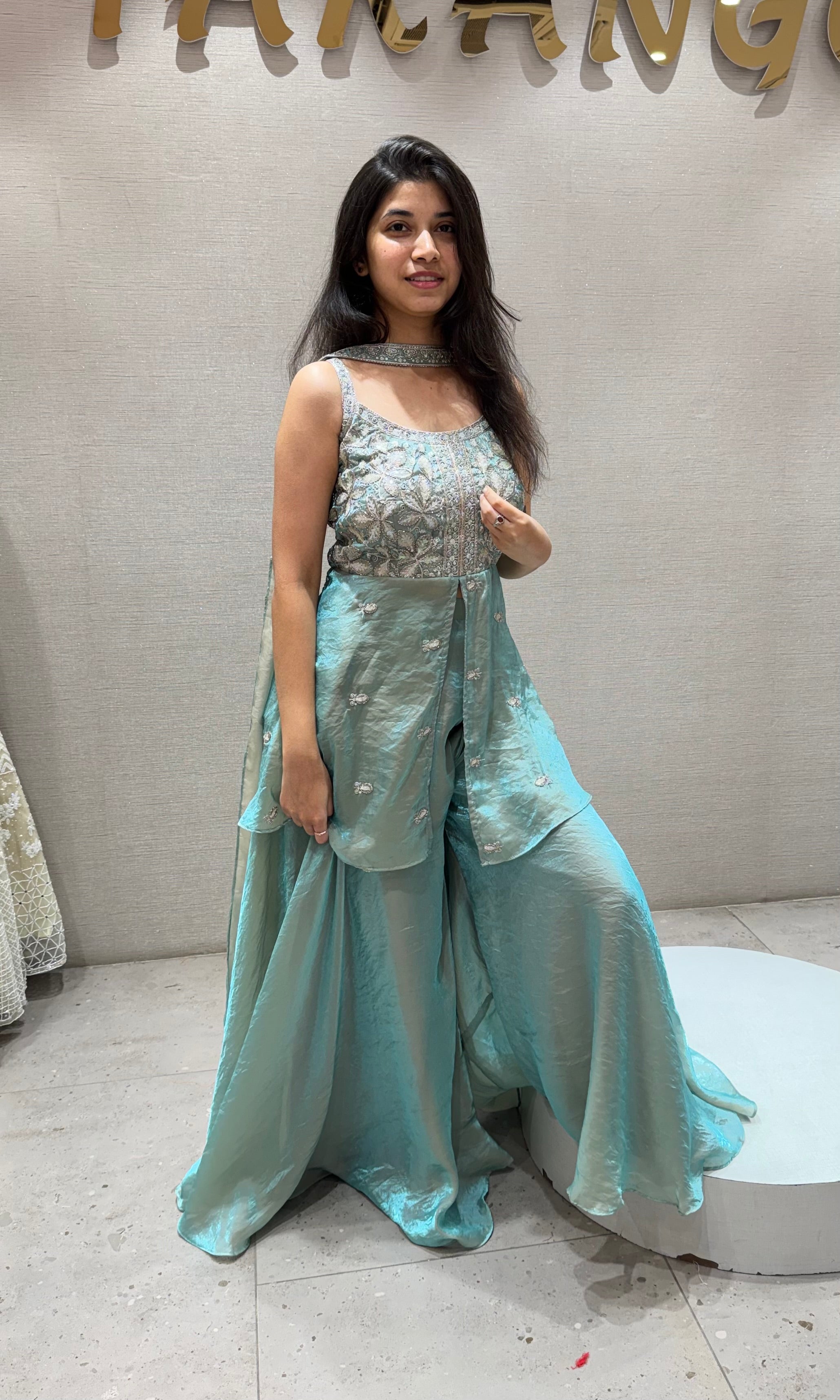 Sea blue embroidered peplum palazzo set