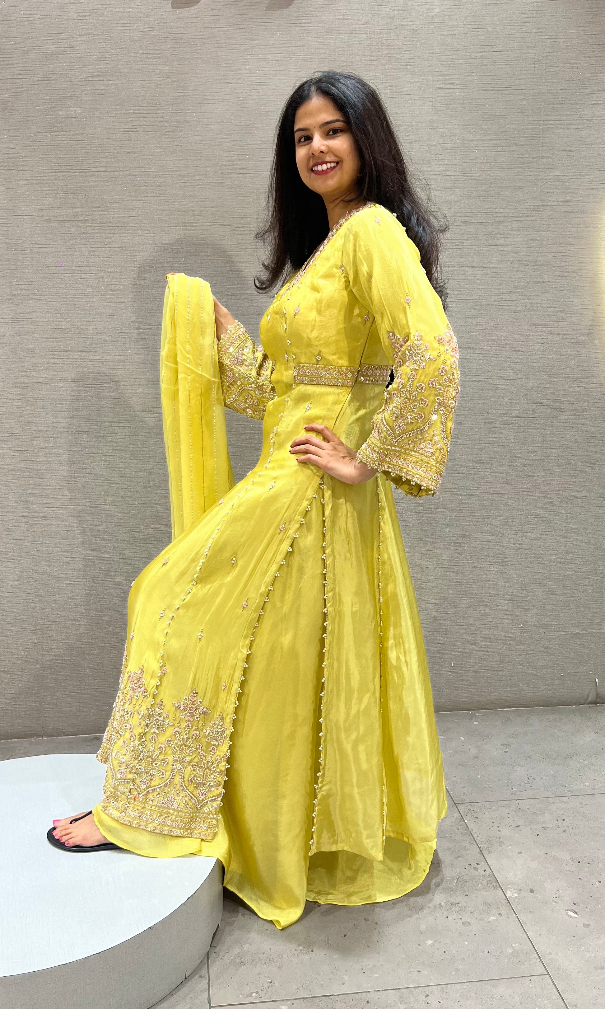 Yellow Shimmer silk Golden Zari Ethnic Naira cut palazzo set