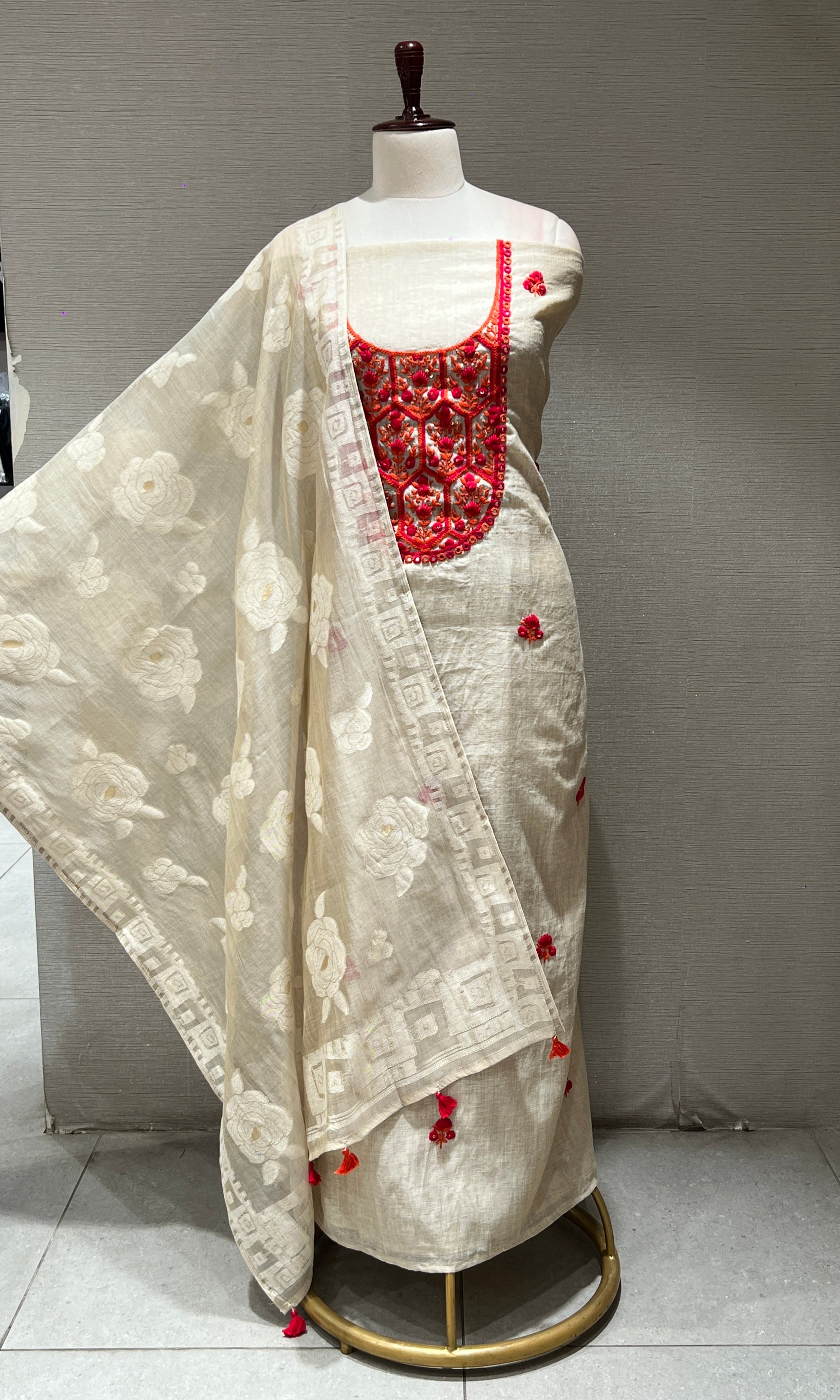 RED FLORAL EMBROIDERED DRESS MATERIAL