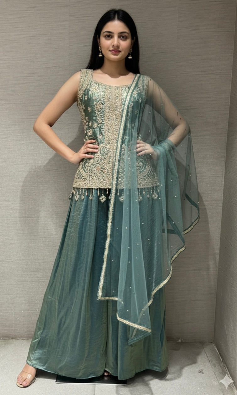 GREEN EMBROIDERED PALAZZO SET