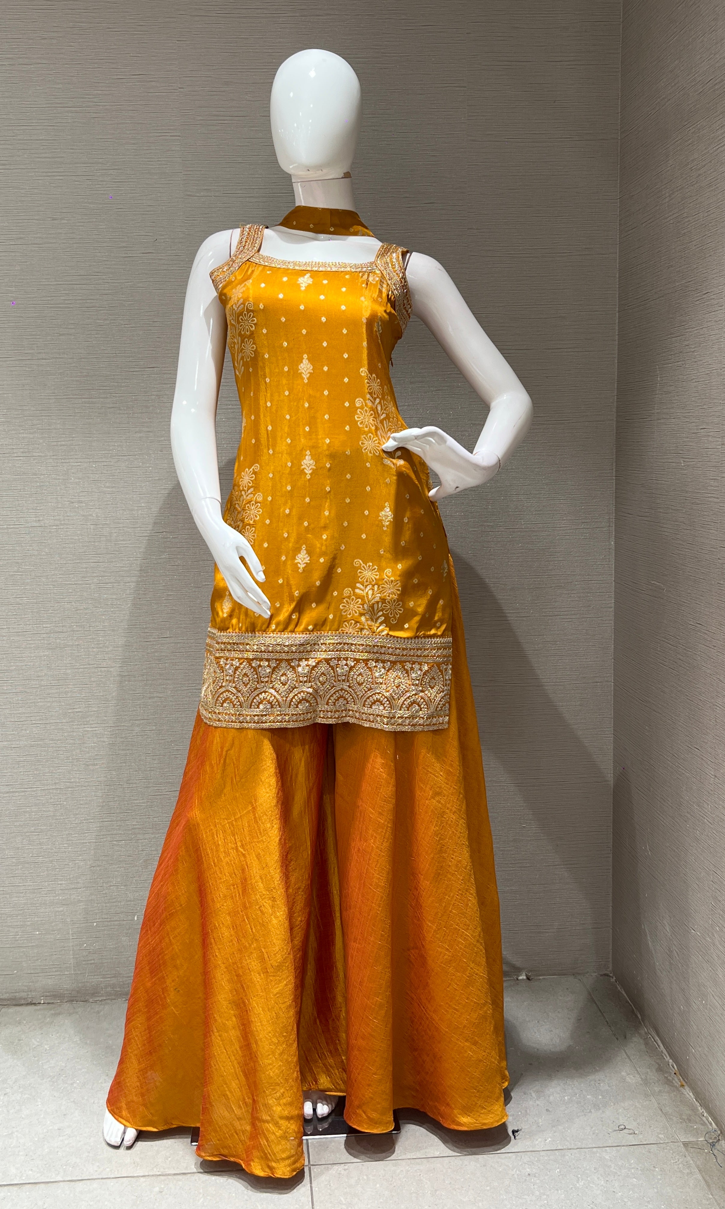 MUSTARD GOLD EMBROIDERED SHARARA SET
