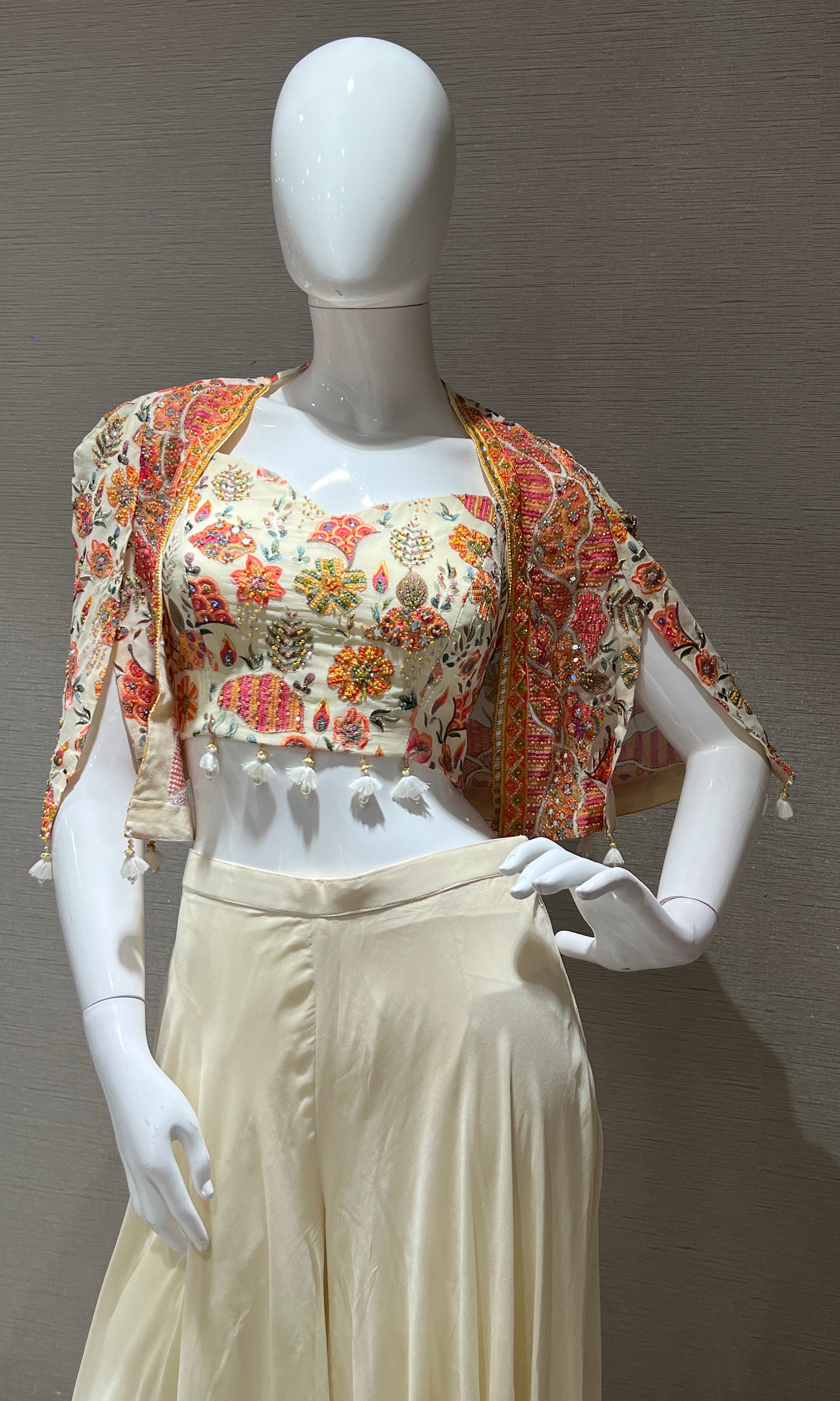 Ivory Floral Crop Top with Jacket and Palazzo