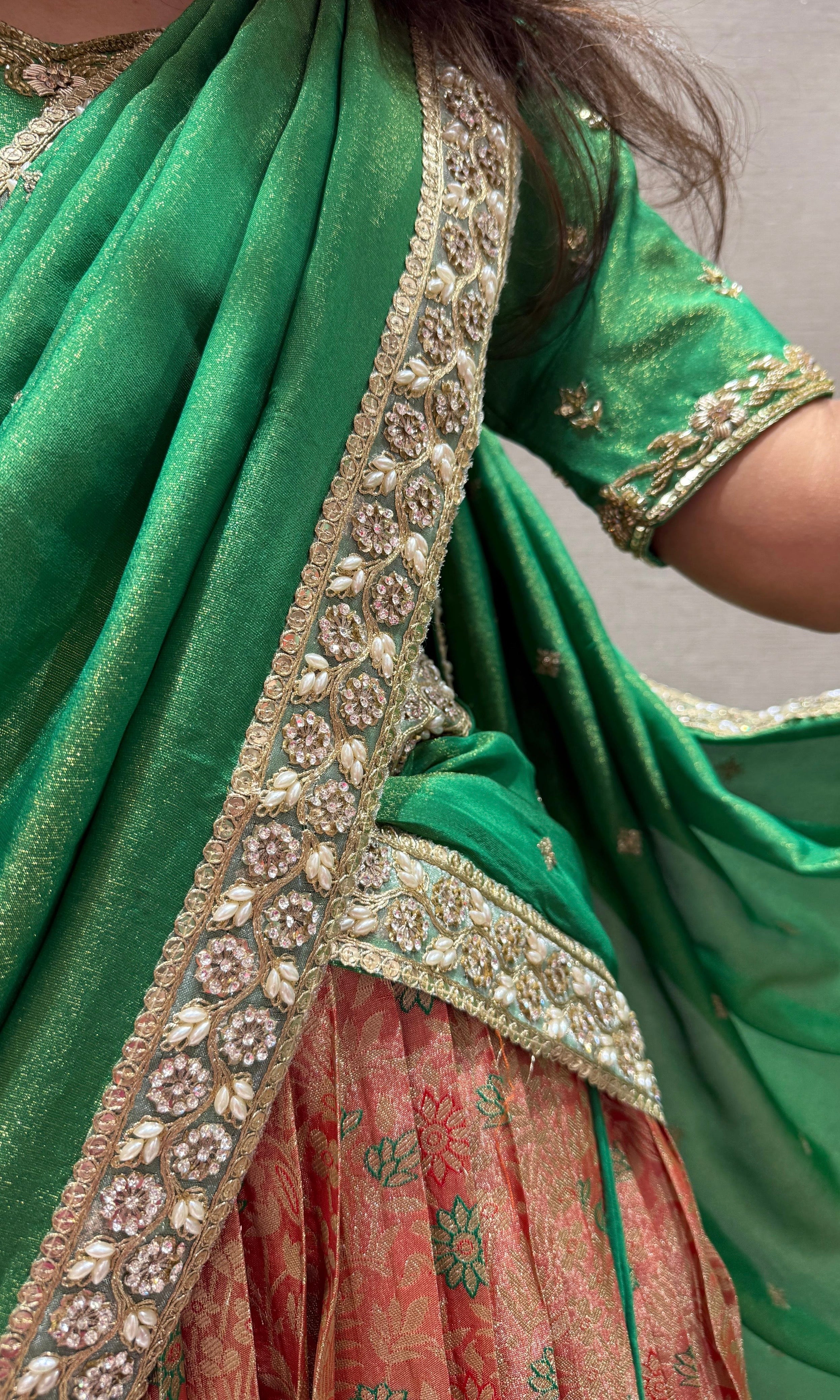 Green orange silk pattu Lehenga