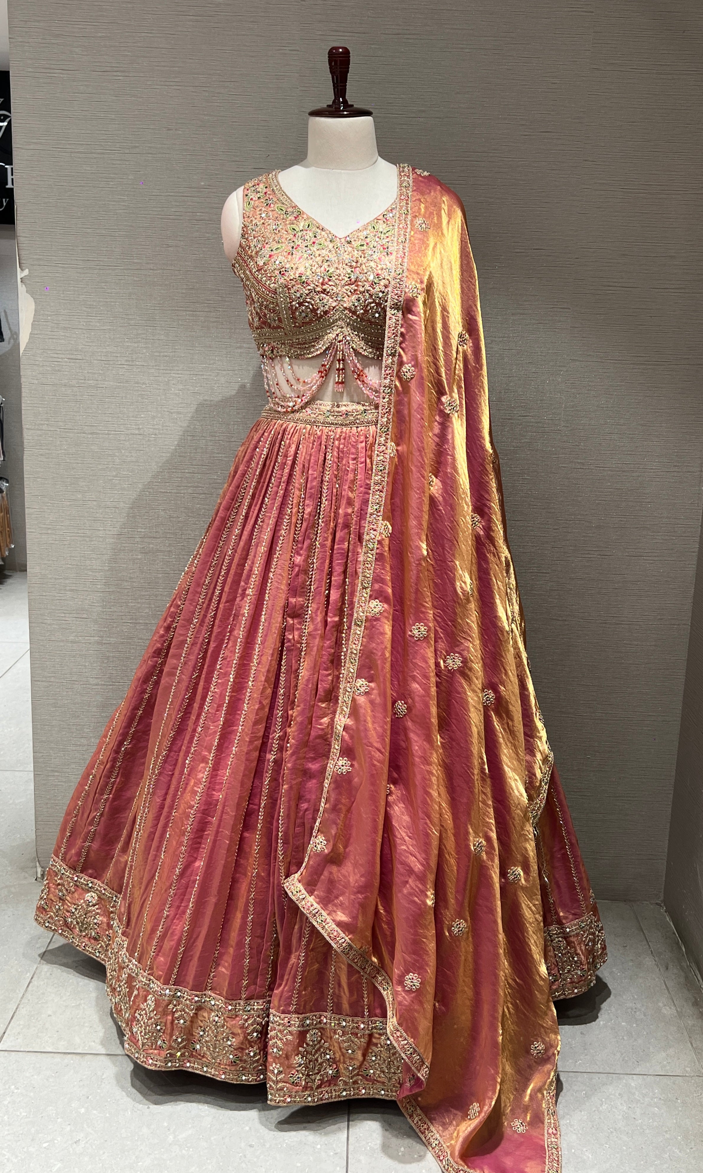 PEACH SILK GOLDEN EMBROIDERED LEHENGA