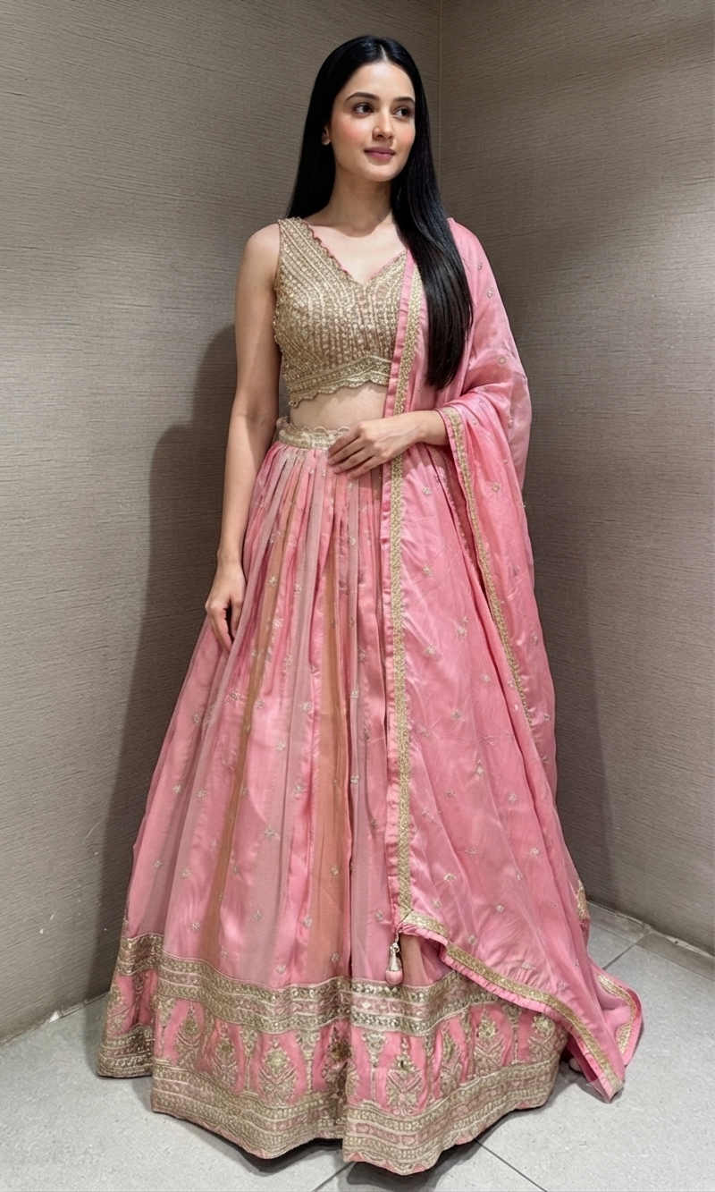 Blush Pink Silk Lehenga Set with Intricate Gold Borders