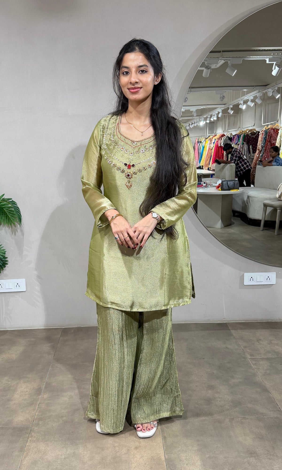Olive Green Tissue Cord Set with Zardosi Embroidery