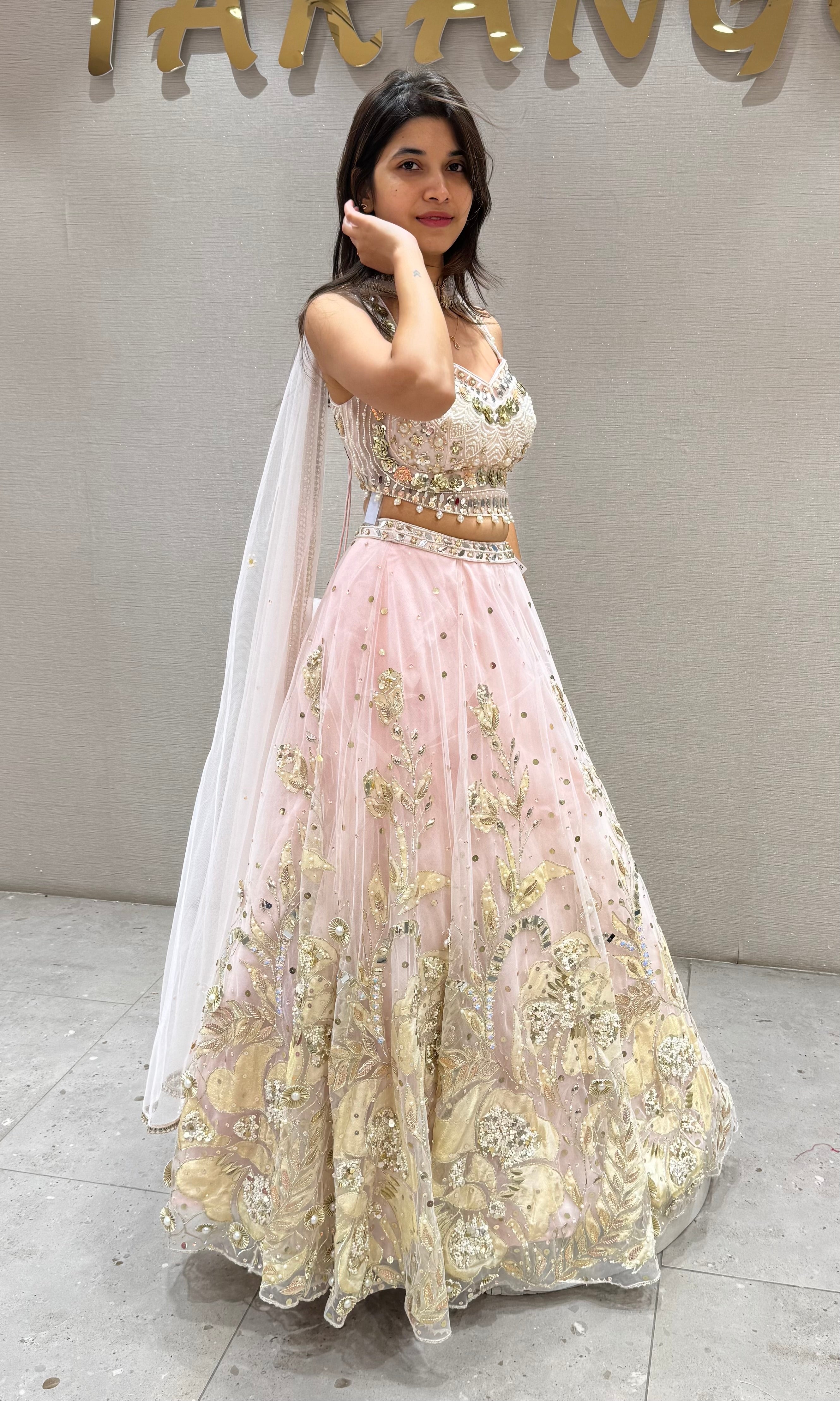 Pastel Pink Net Embroidered Bridal Lehenga