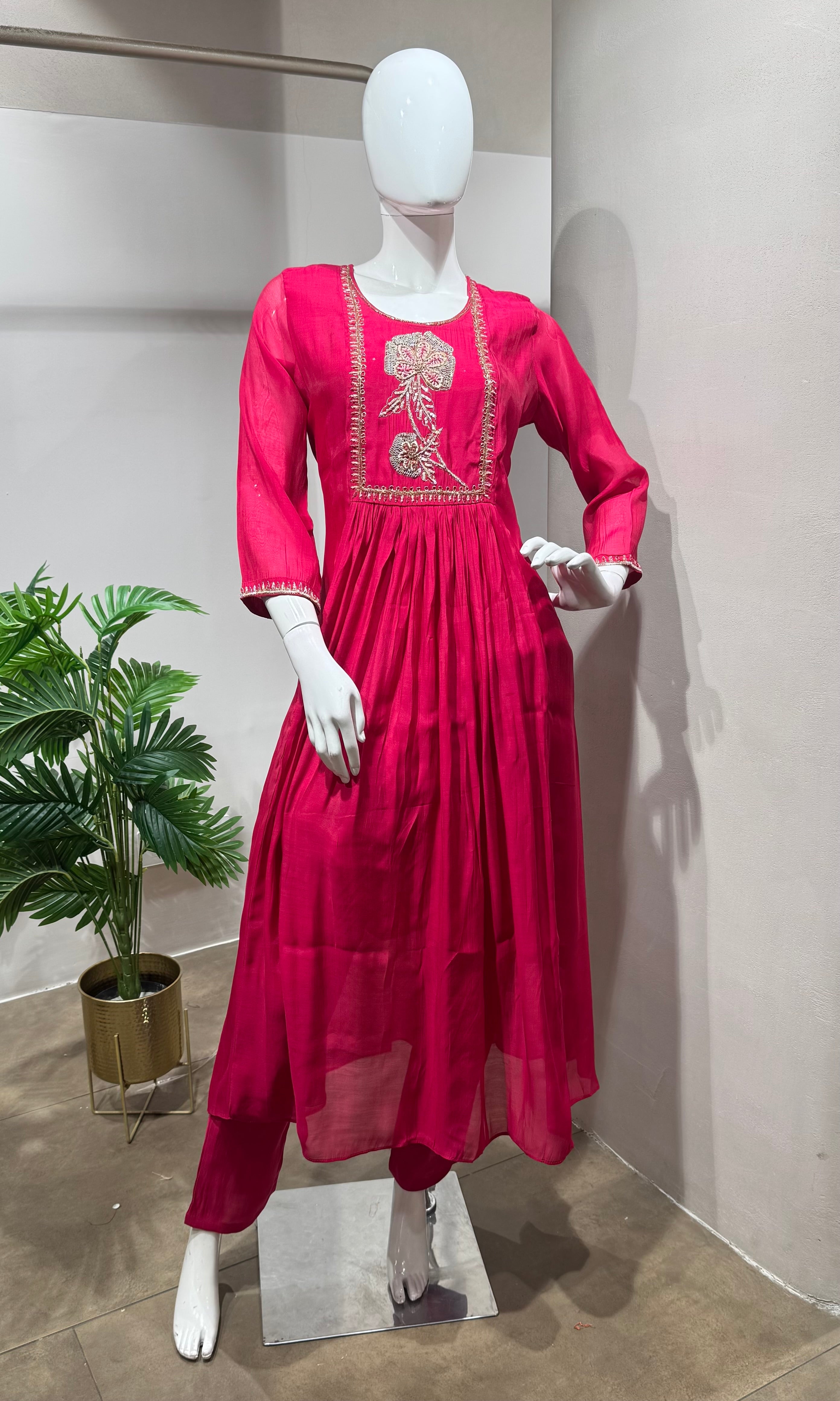 Pink blossom floral embroidered kurta set