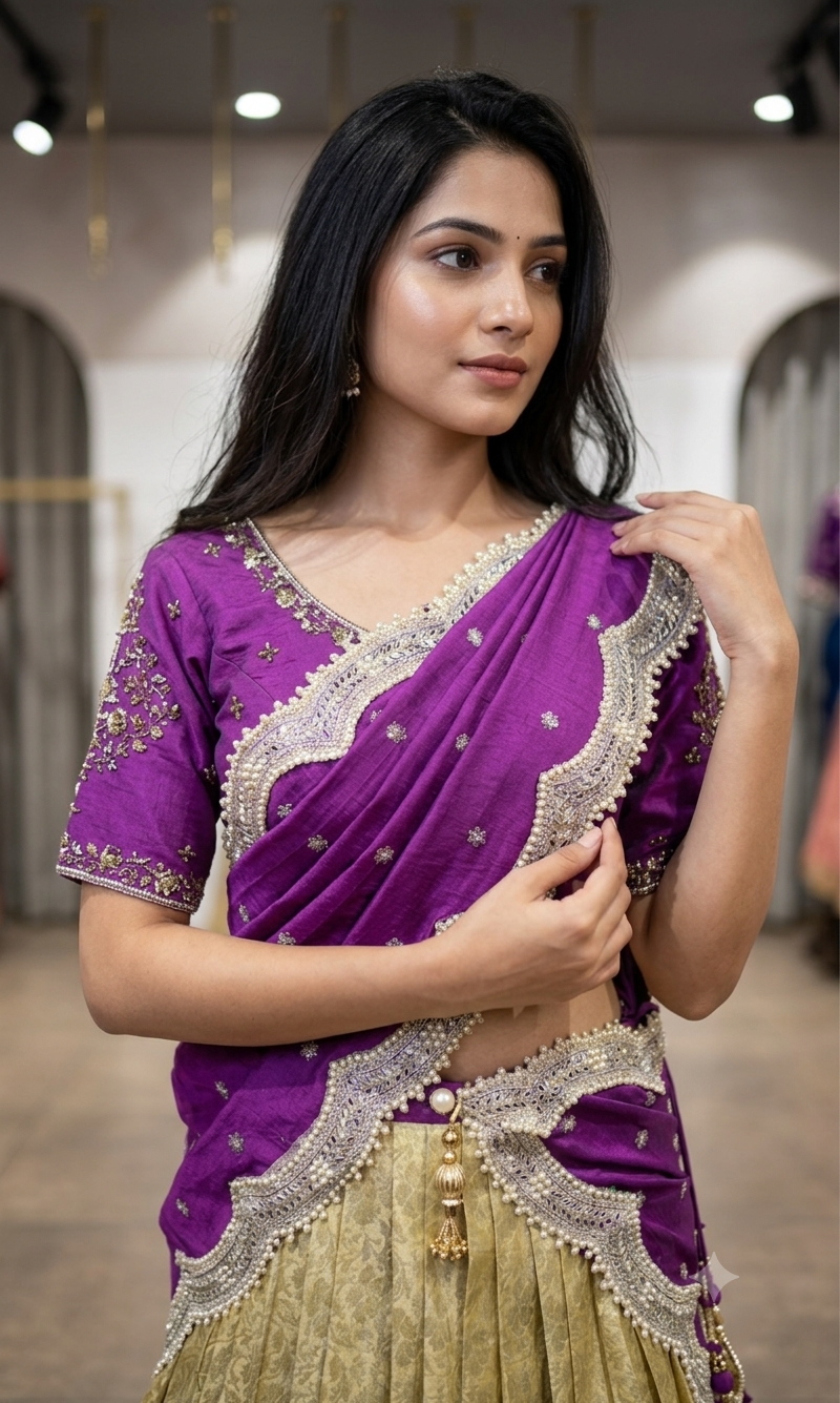 WINE and cream kanjivaram pattu lehenga
