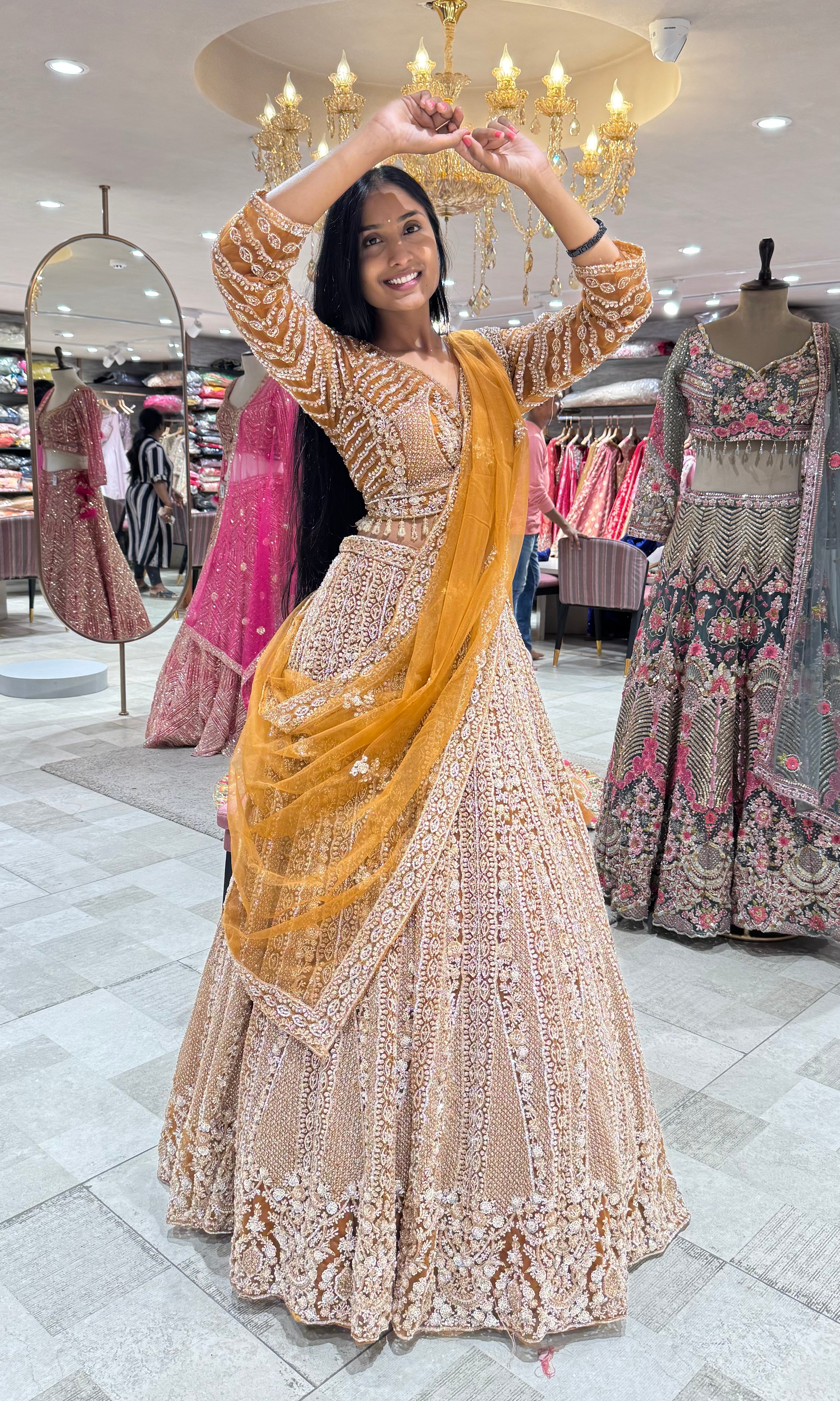 BROWN golden EMBROIDERED BRIDAL ehenga