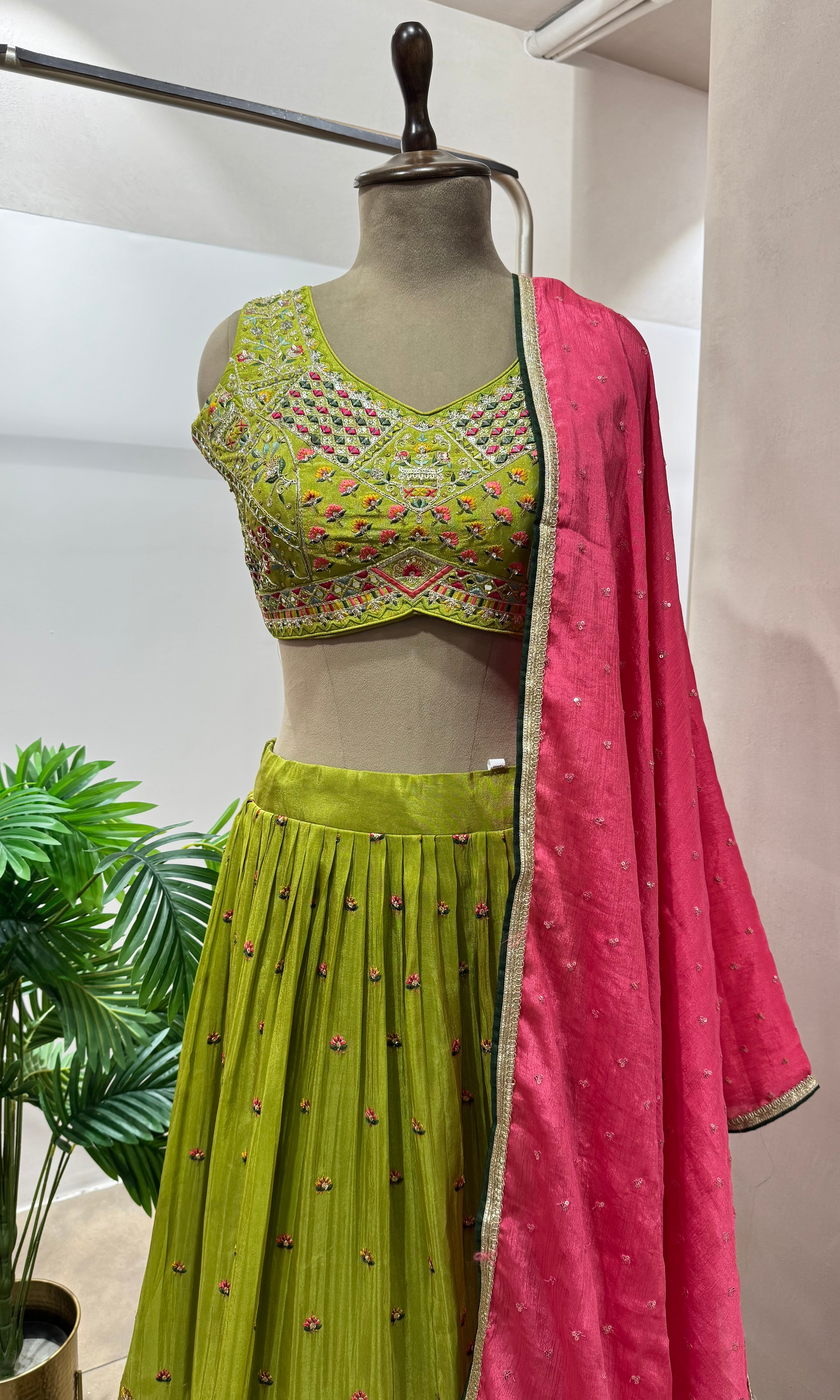 Green AND PINK INTRICATE EMBROIDERY lehenga