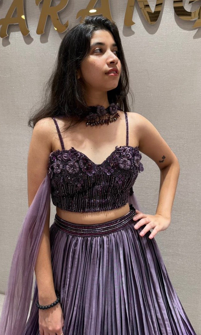 Purple Plum Embellished Blouse Pleated Lehenga