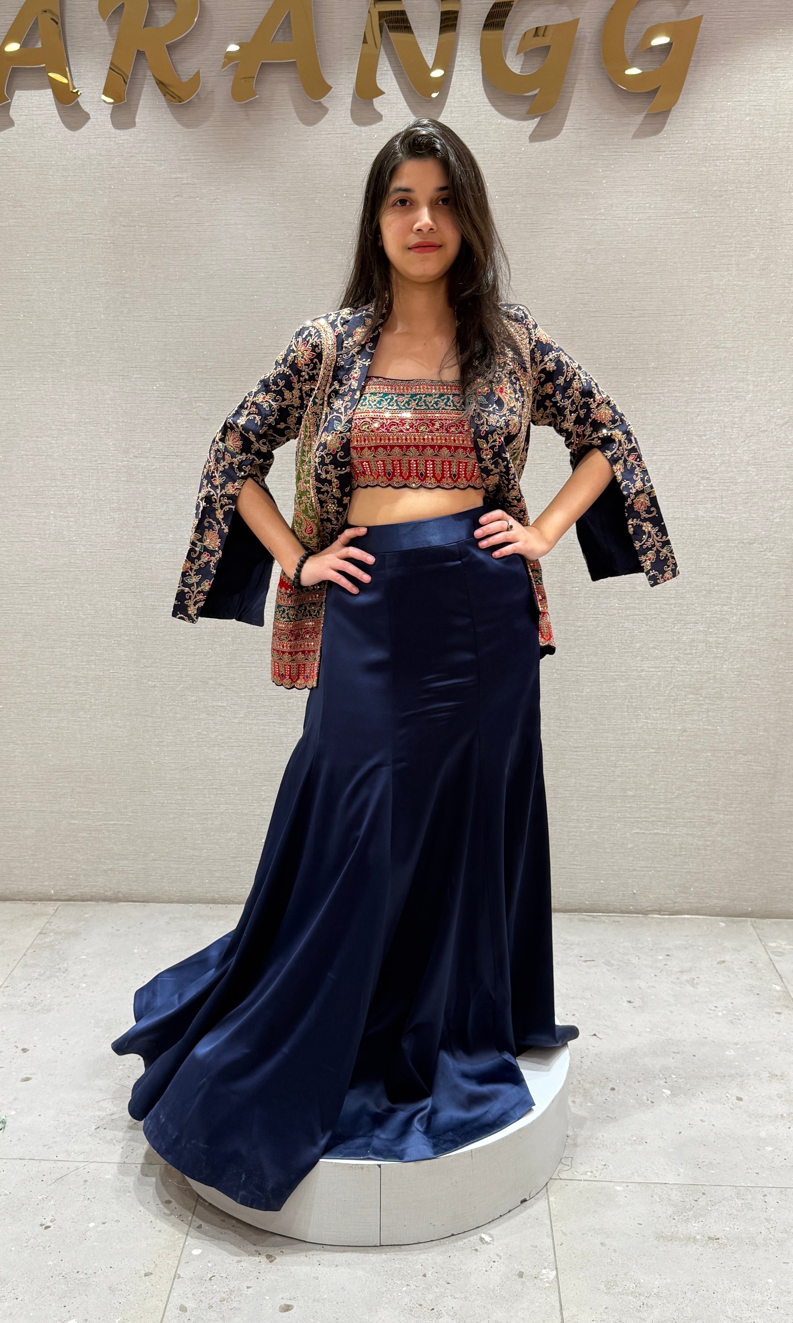 Navy Blue Skirt Set with Embroidered Jacket