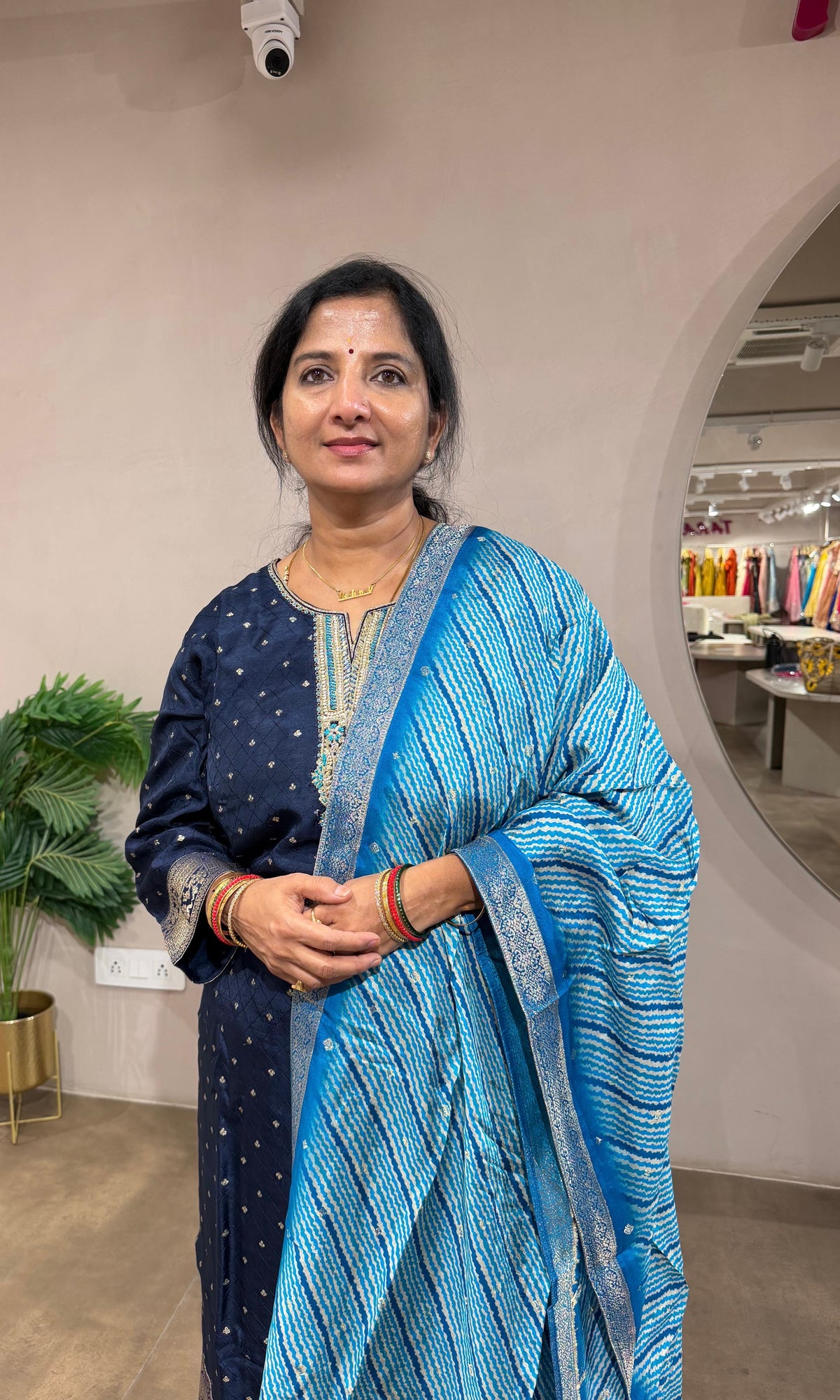 ROYAL BLUE RAYON SILK KURTA SET WITH STRIPED DUPATTA