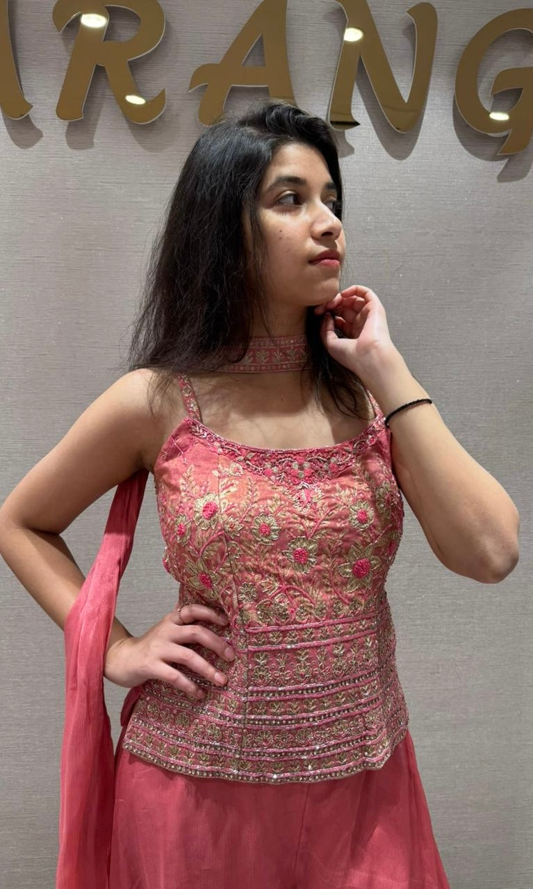 Blush PINK Bloom Embroidered Palazzo Set
