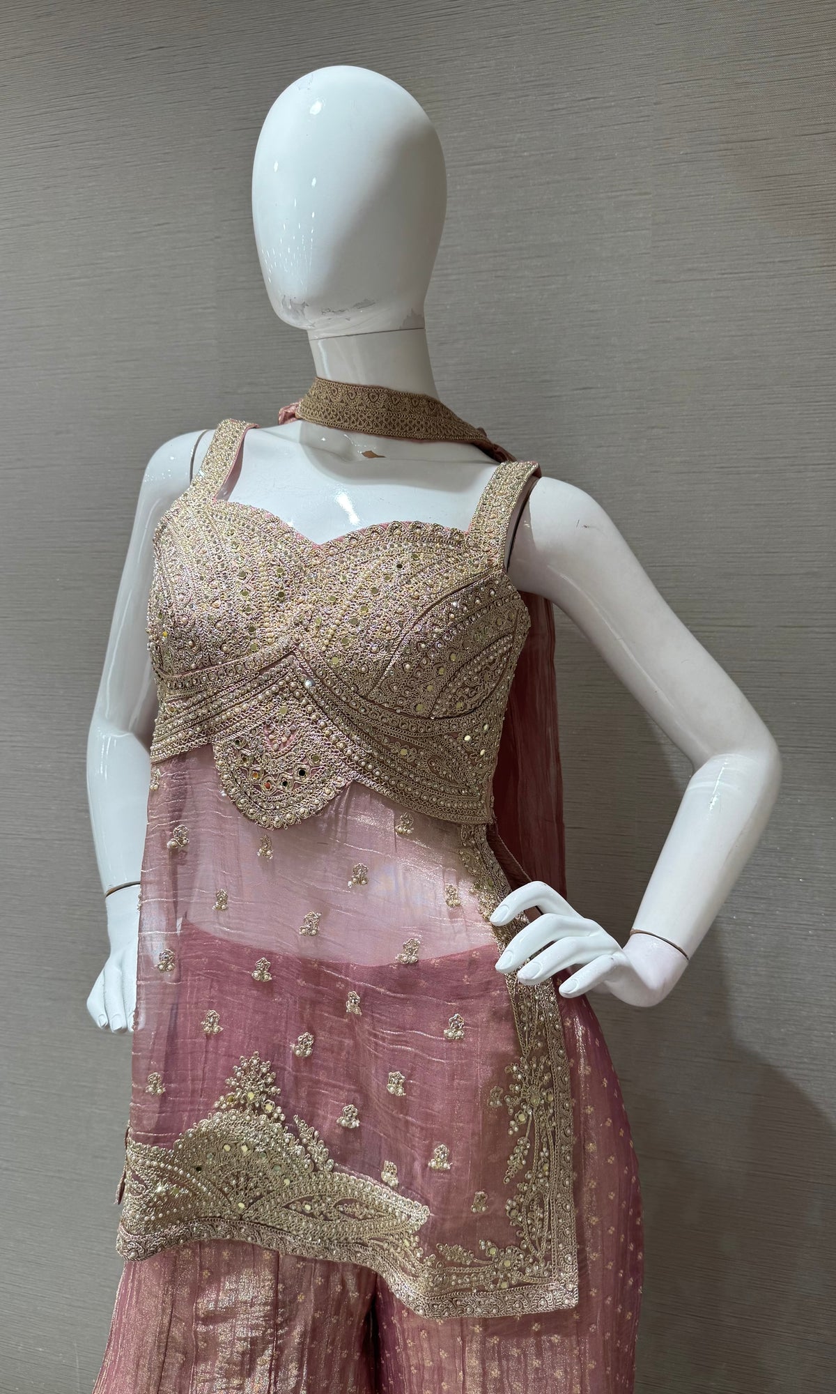 Blush Pink WITH Gold Embroidered Tissue Silk Sharara Set