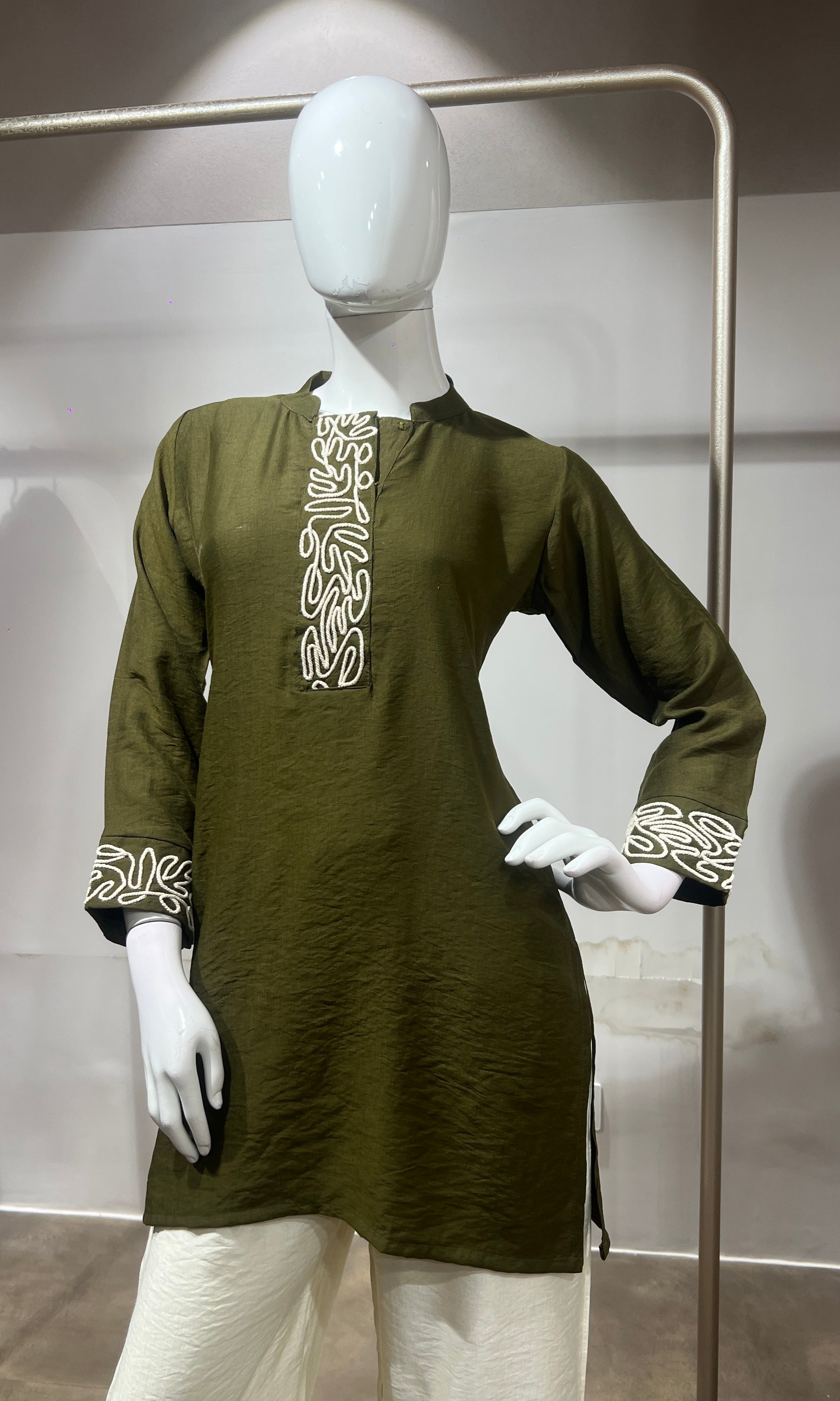 Mehandi green Mandarin Collar Cord Set