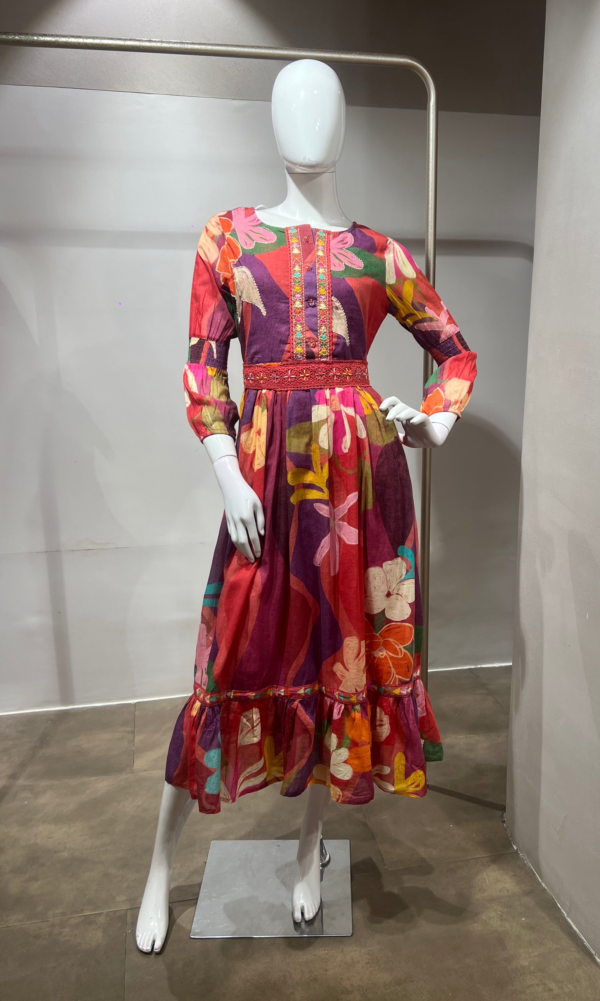 Rust Multi Abstract Print Long Sleeve Frock