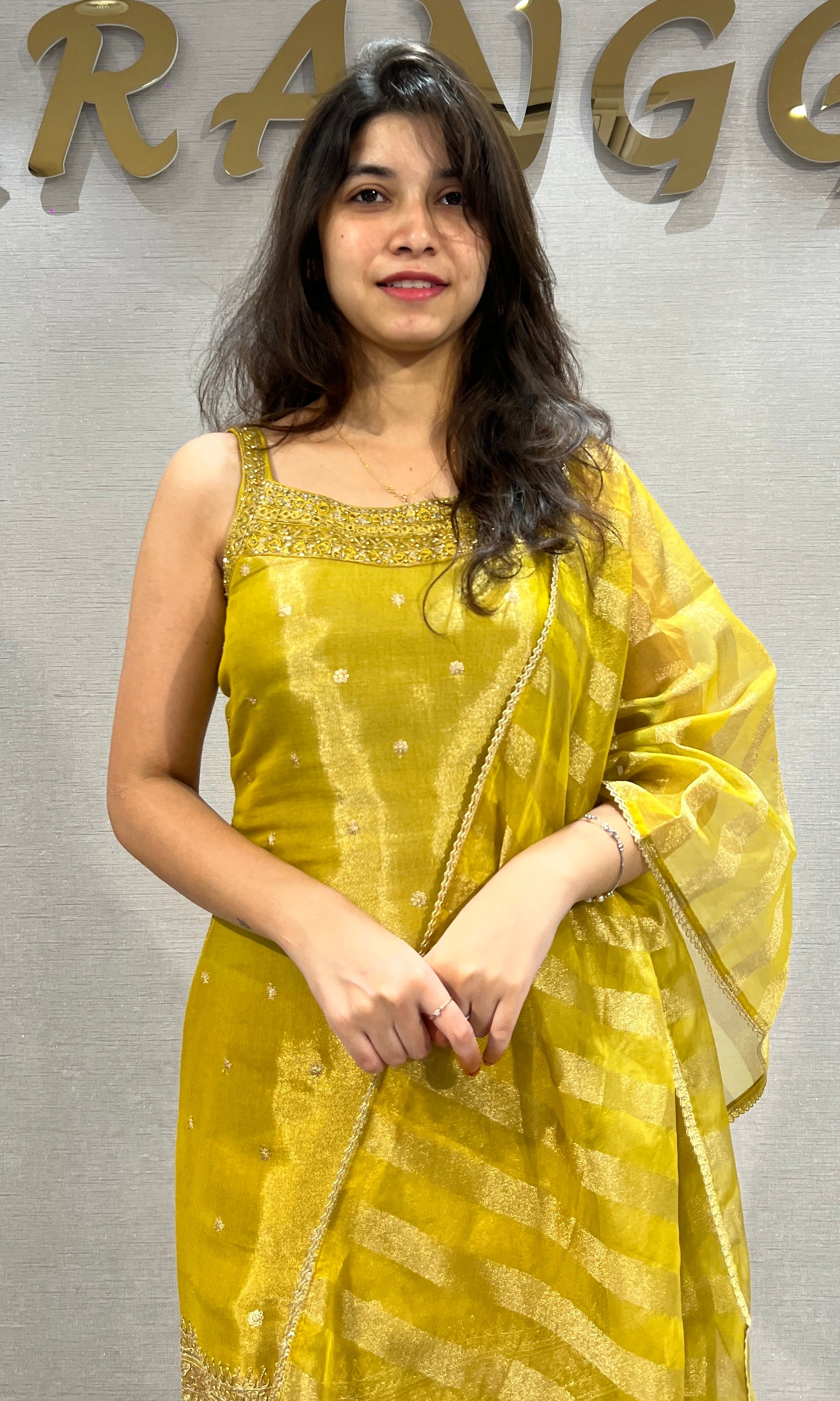 Mustard Yellow Shimmer Tissue Sharara Set
