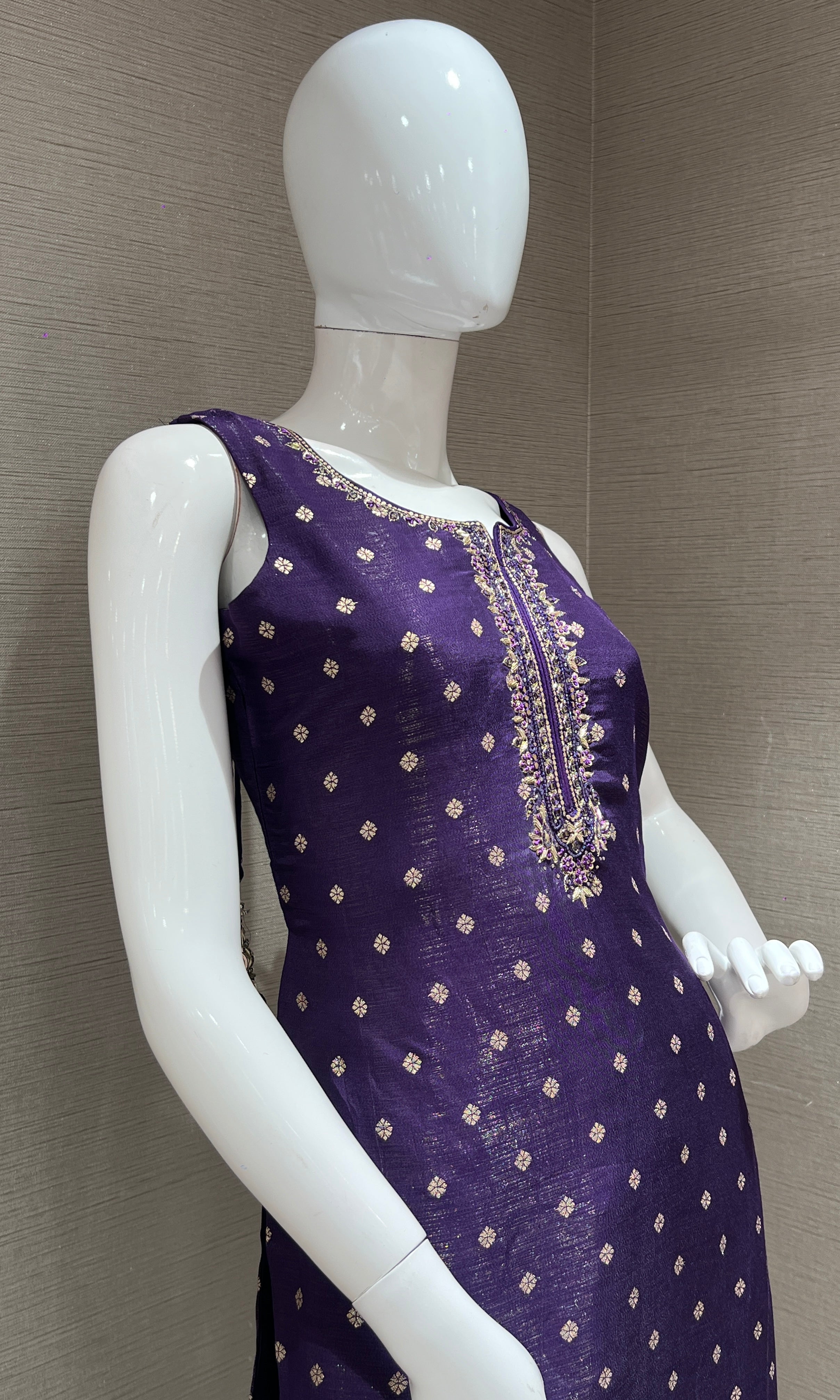 Purple shimmer silk embroidered kurta set