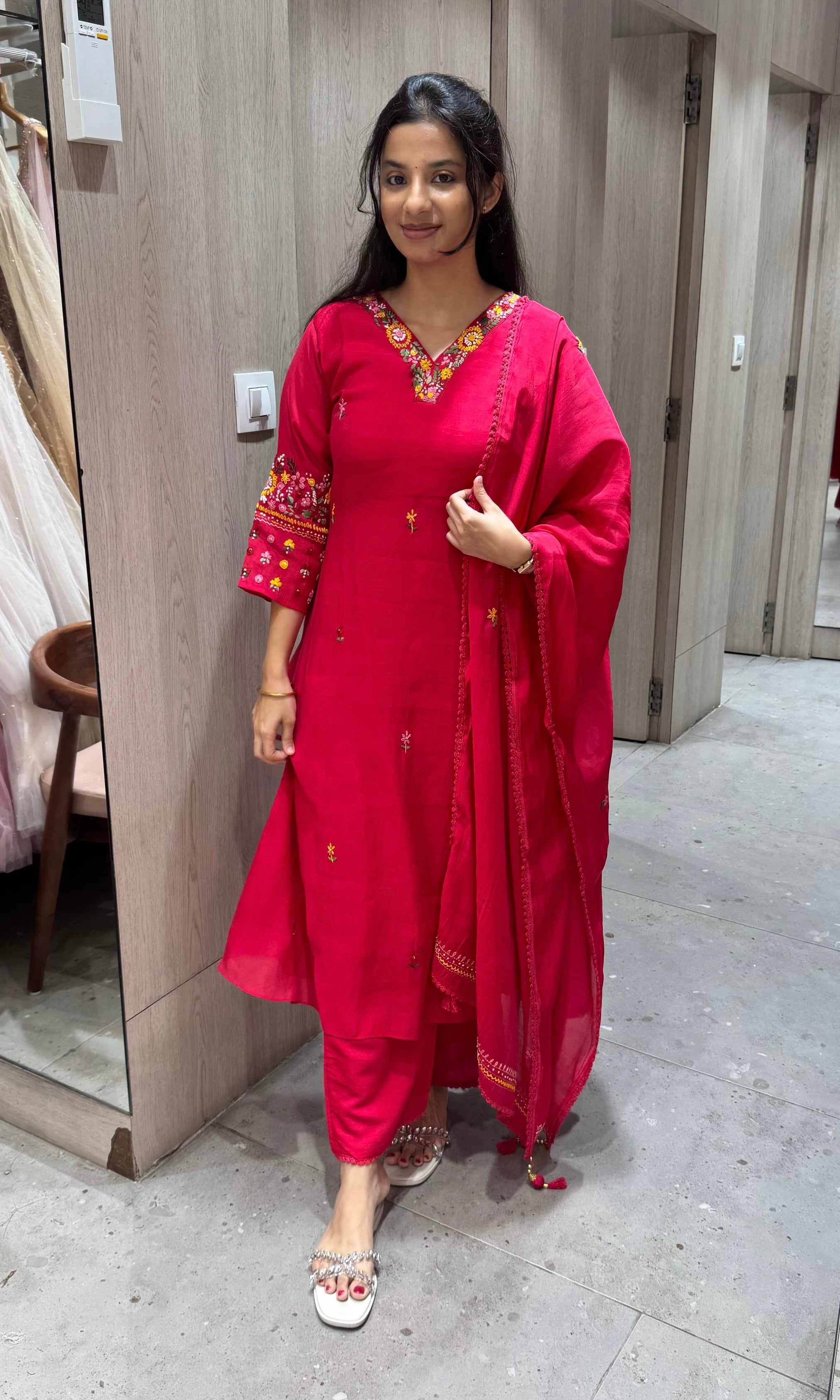 Pink Floral Neckline Kurta Set