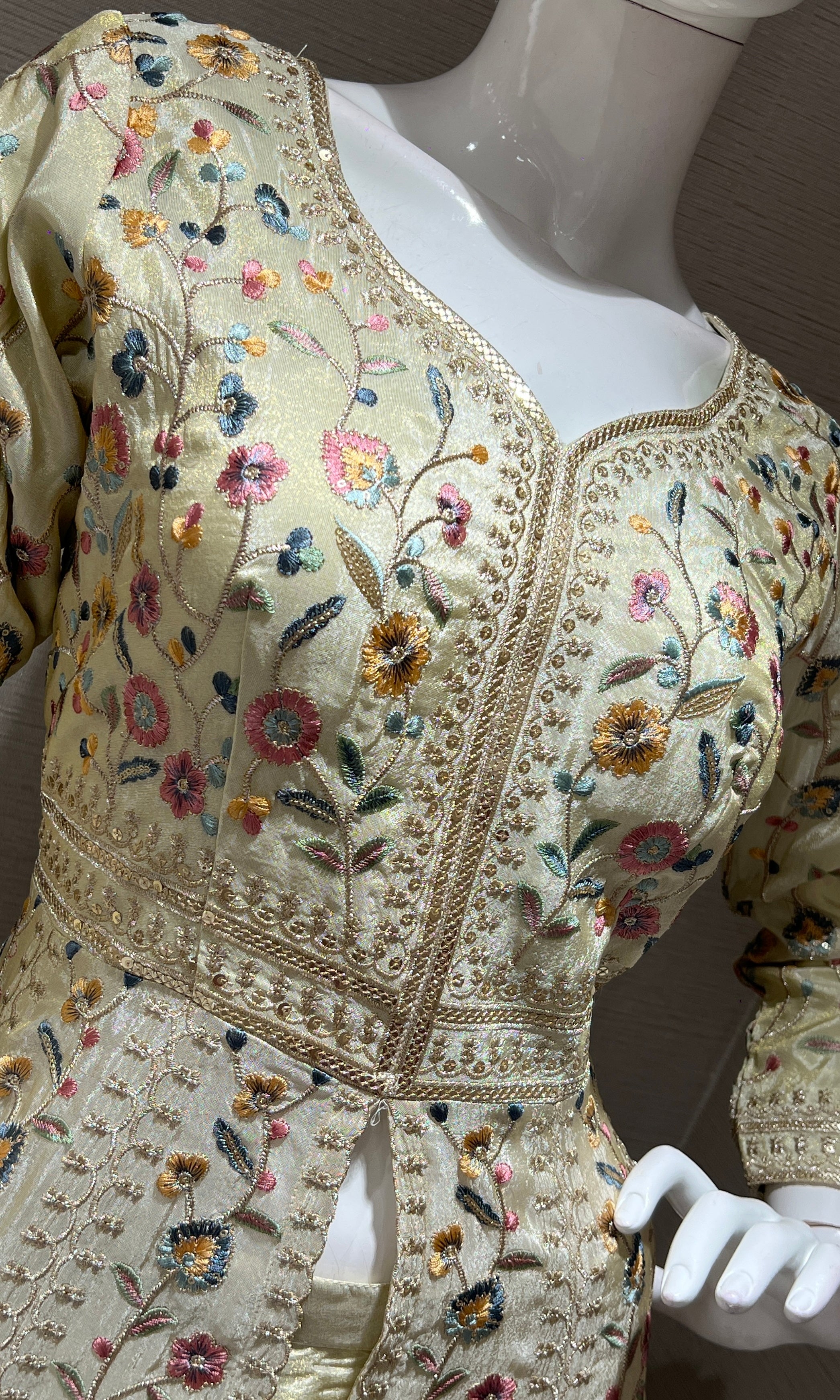 Cream Floral front slit Anarkali set