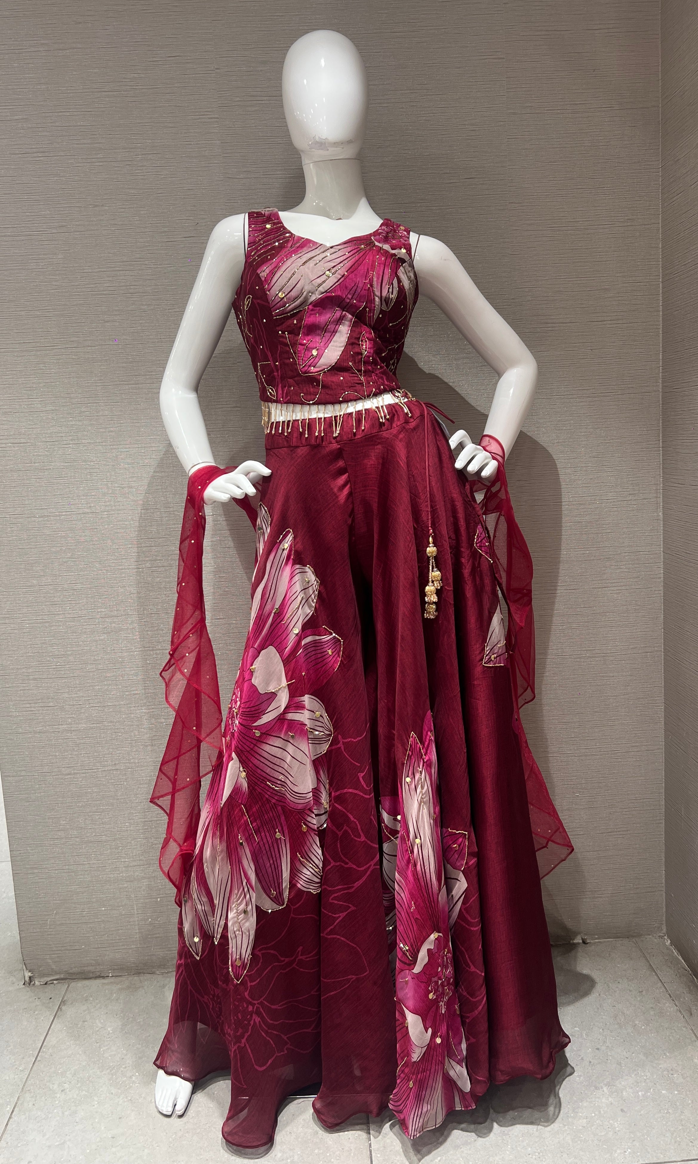 Wine Red Floral Organza Palazzo Ensemble