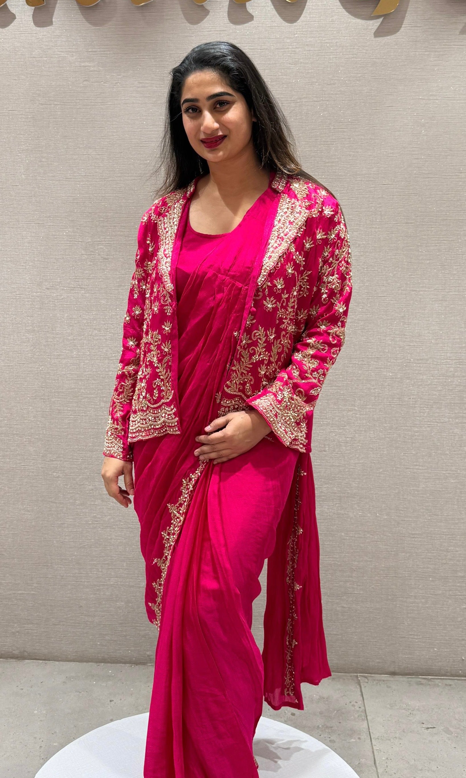 Pink Draped Saree with Embroidered Jacket