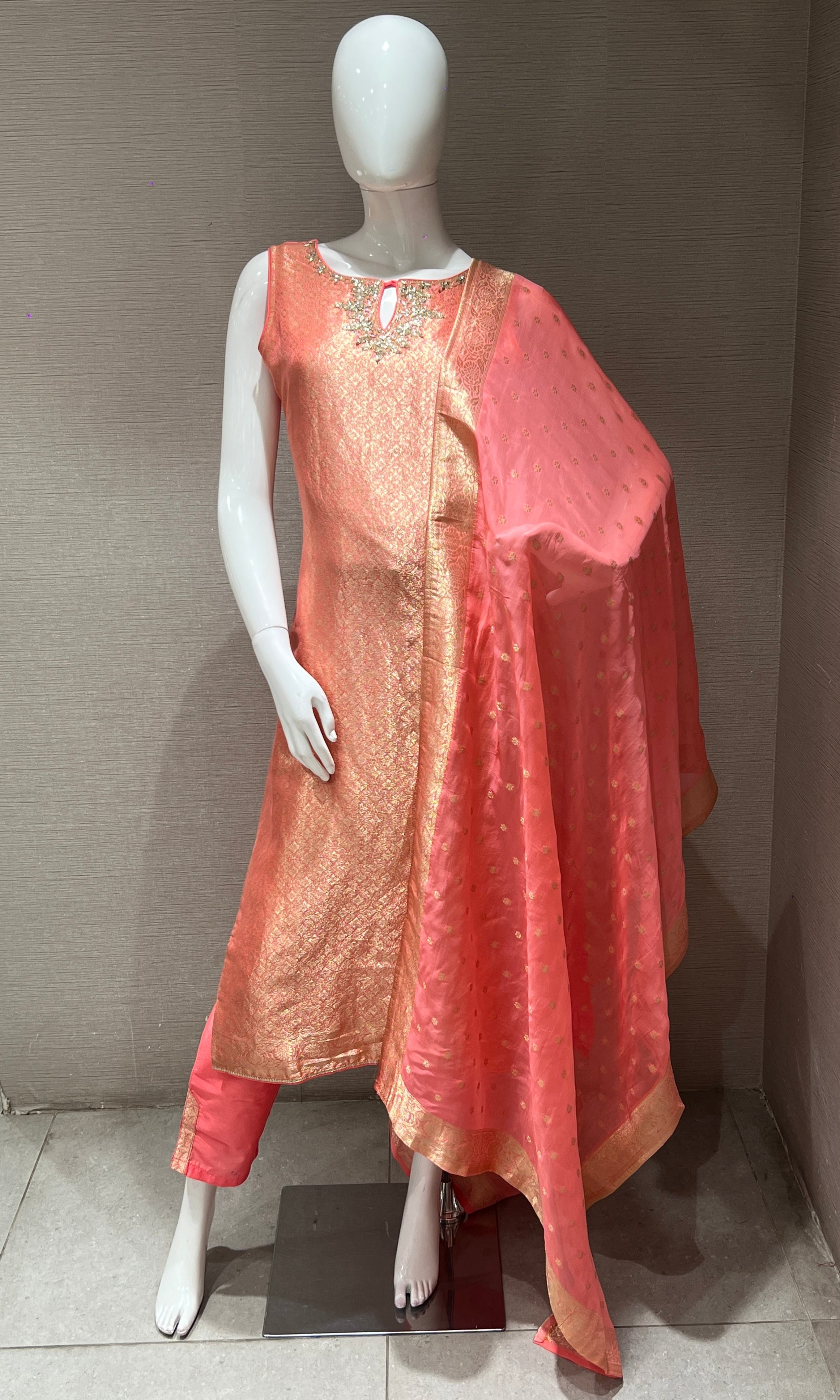 Peach Gold Embellished Kurta Set