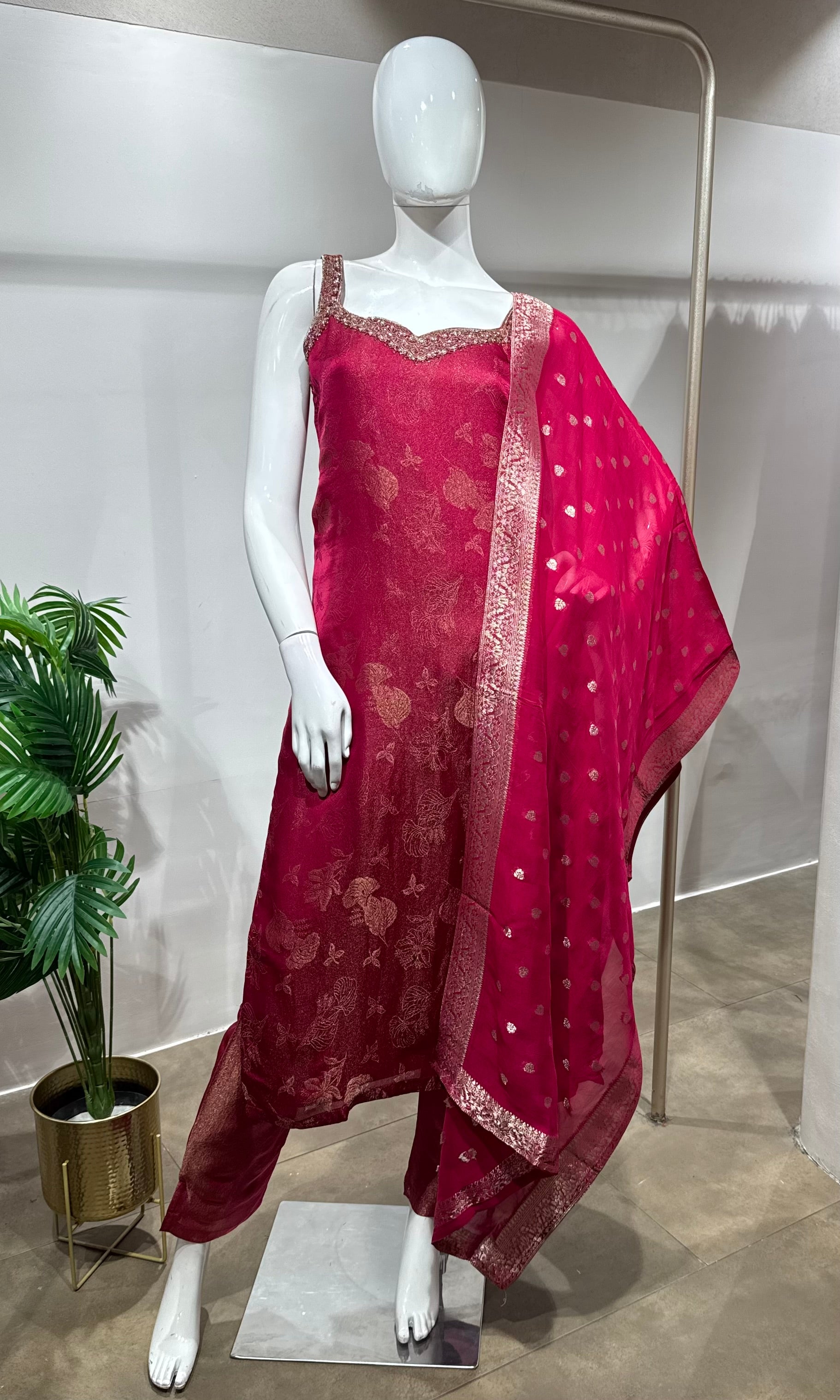 Rani Pink Banarasi Silk Straight Kurta Set