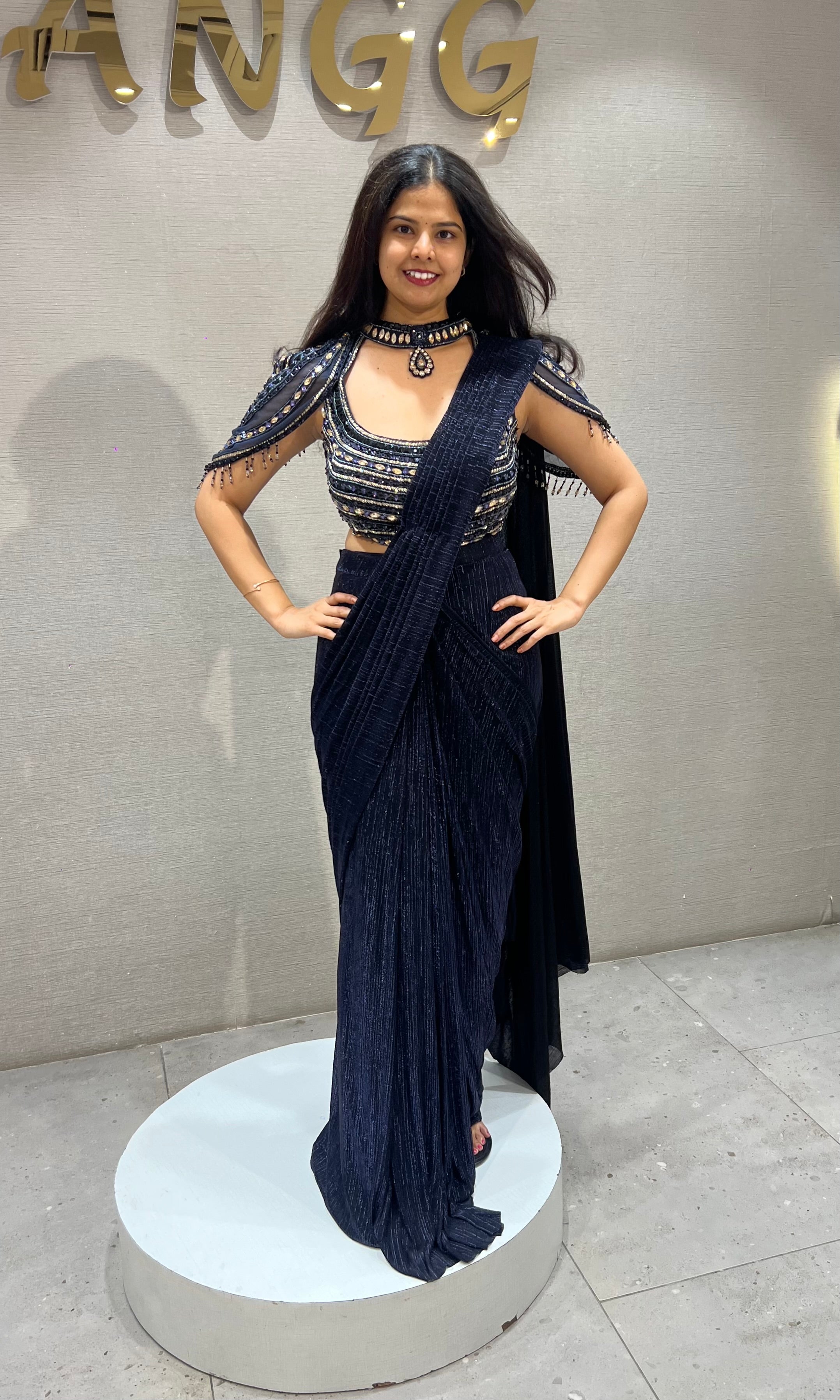 Blue Shimmer Drape Saree with Embroidered Blouse