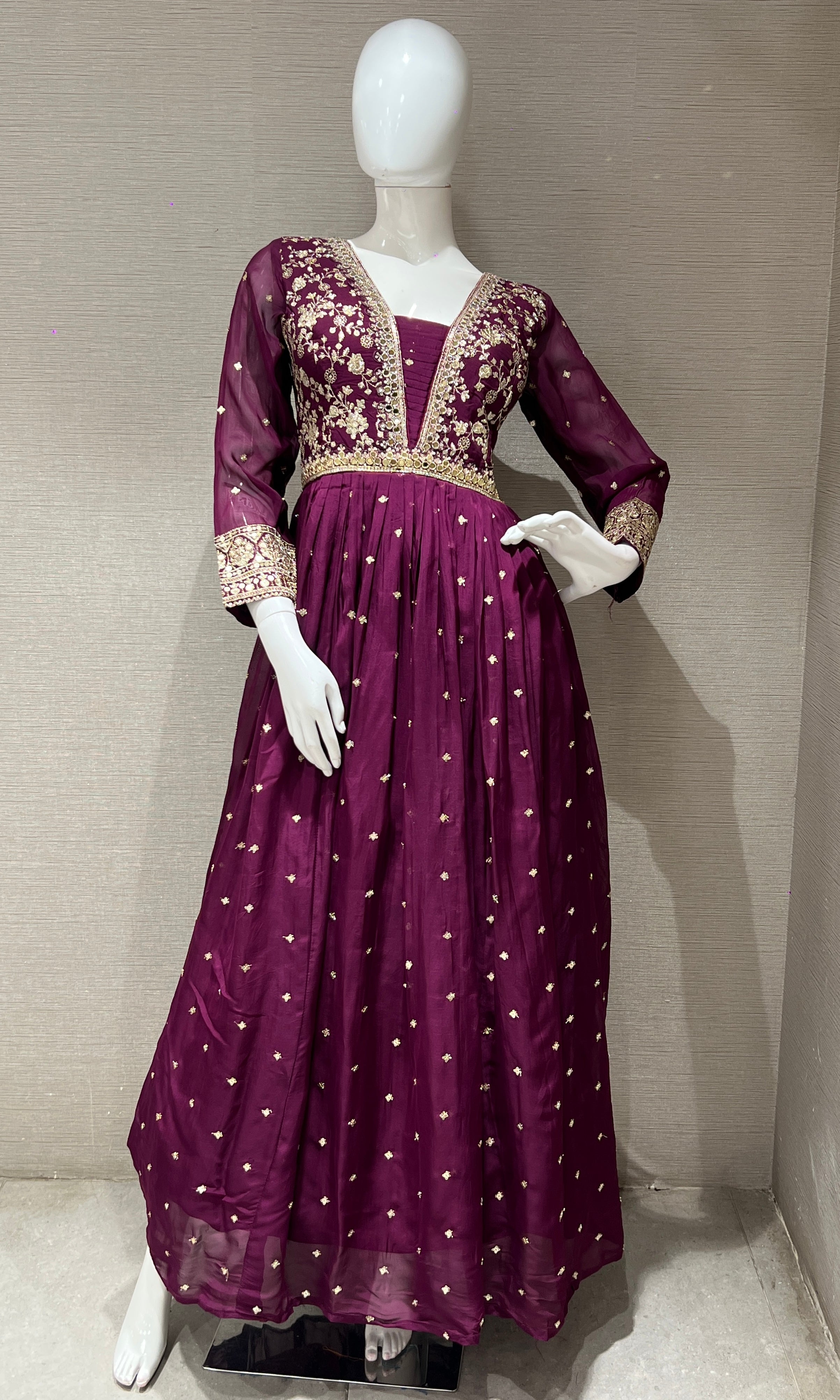 wine long anarkali with gold embroidered