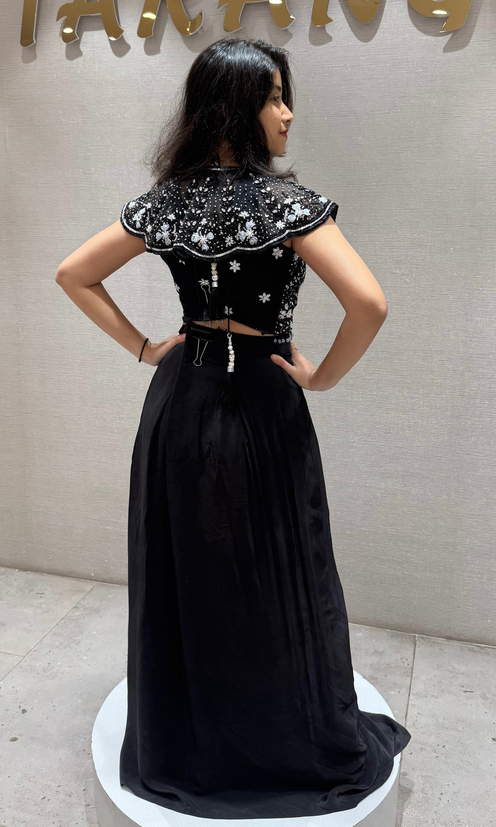 Black Sequin Embroidered Layered Drape Skirt