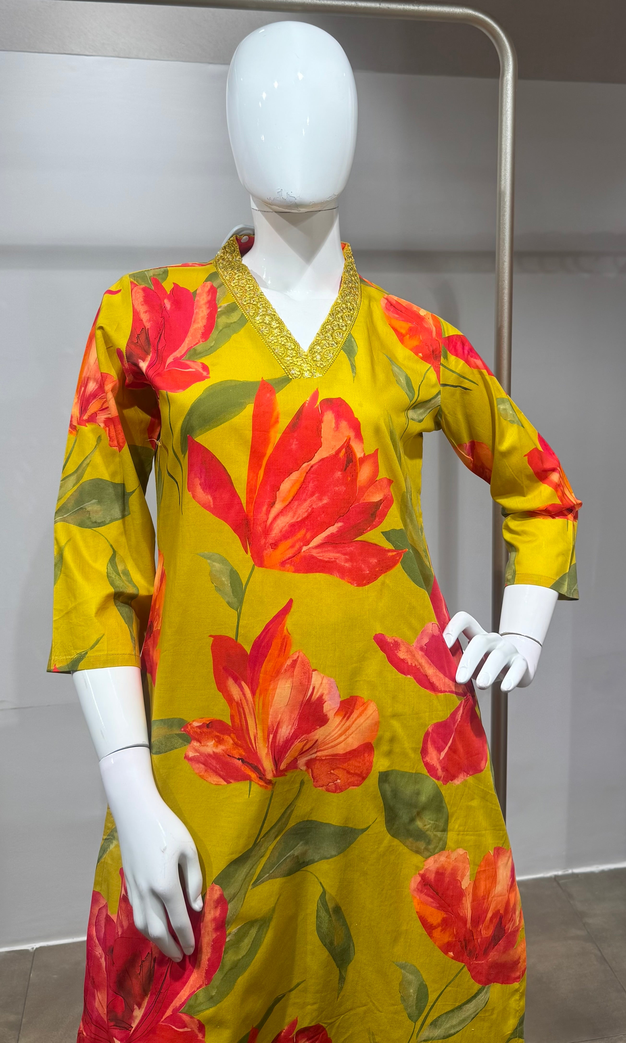 Mustard Botanical Printed Kurta Set