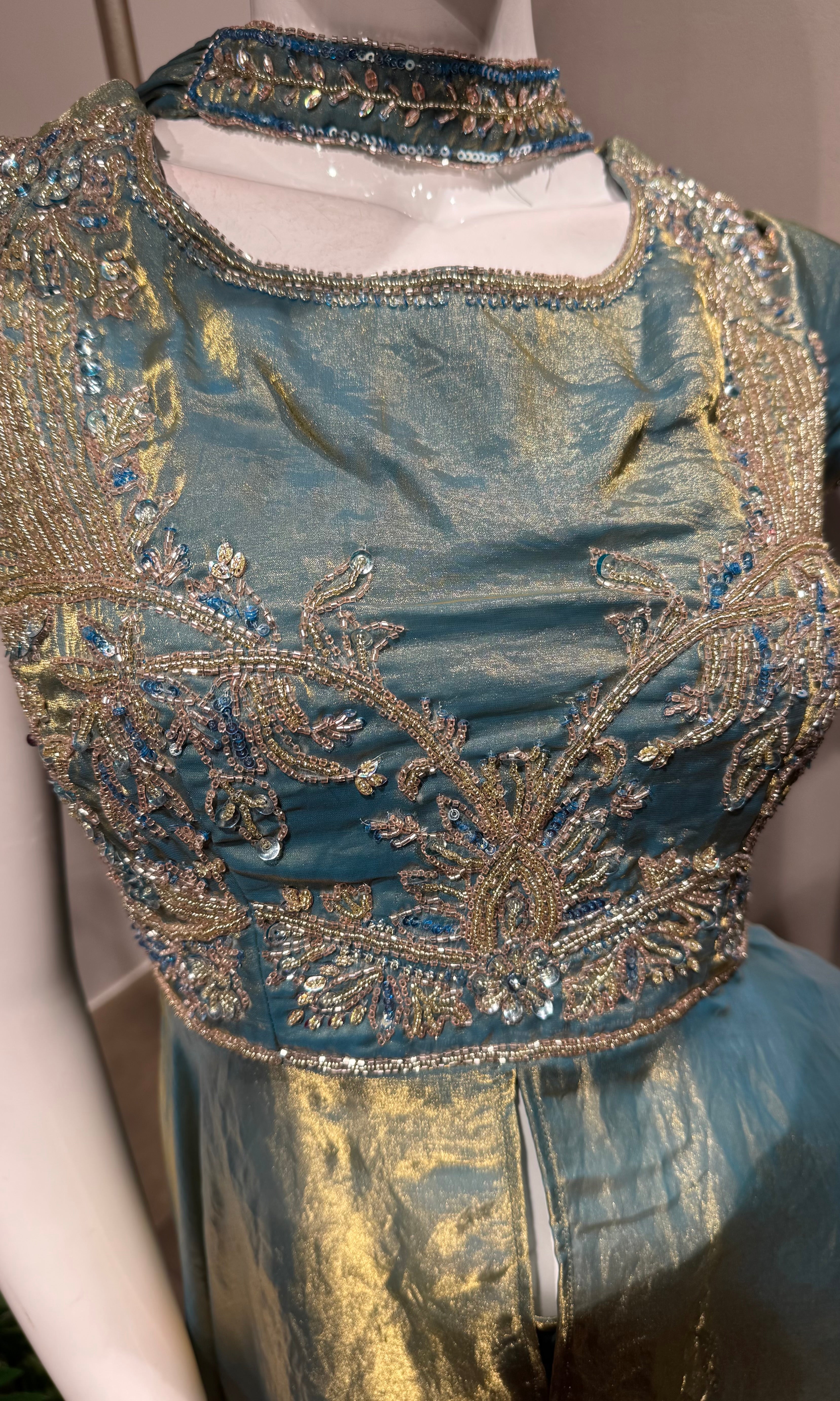 Blue Teal Shimmer Tissue anarkali Palazzo Set