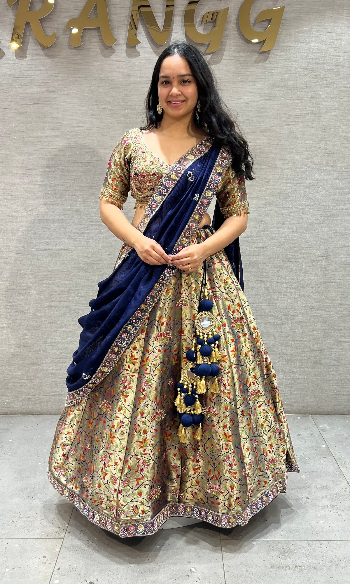 Golden Floral Banarasi Lehenga Set with Navy Blue Silk Dupatta