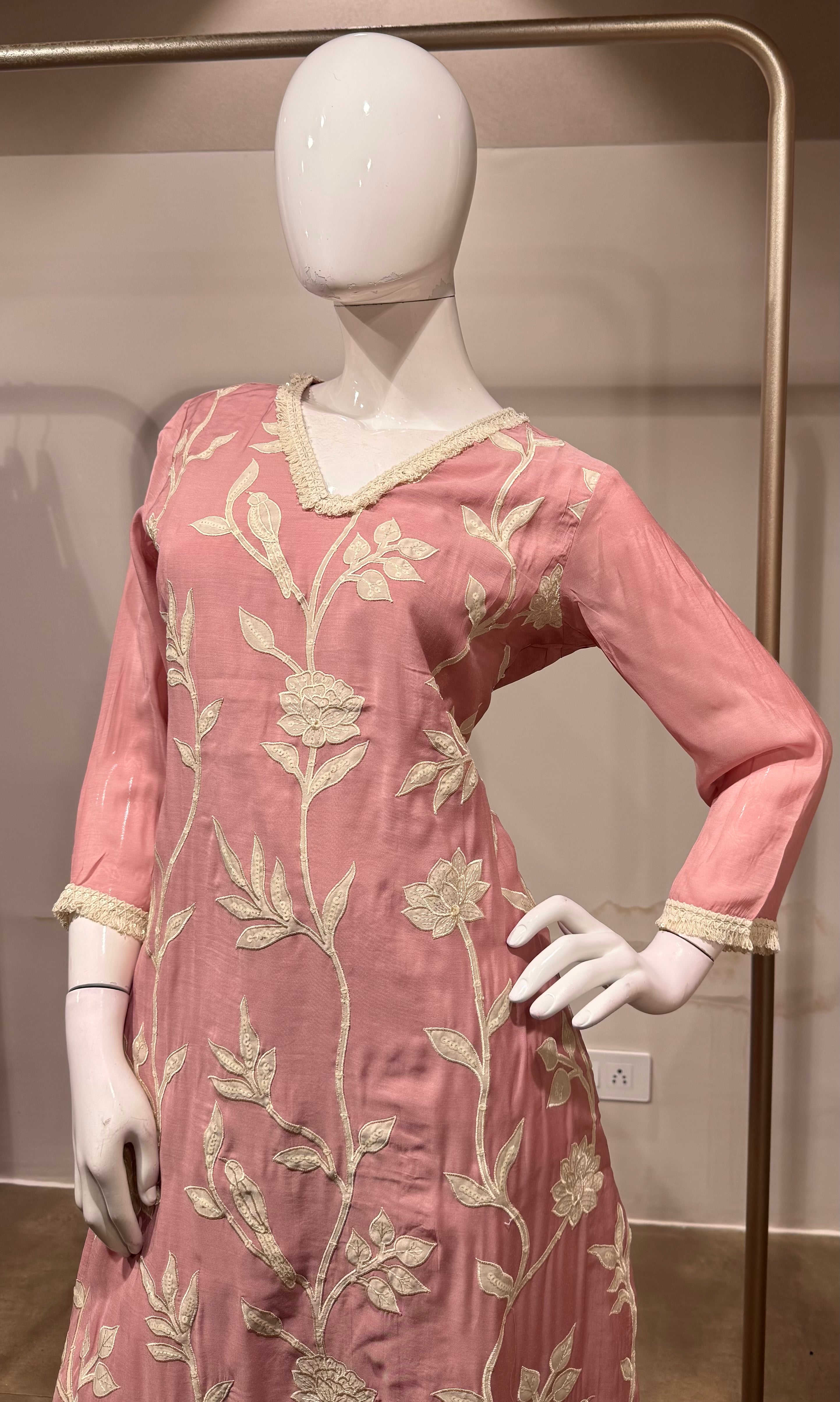 Rose Pink Floral Embroidered Kurta Set