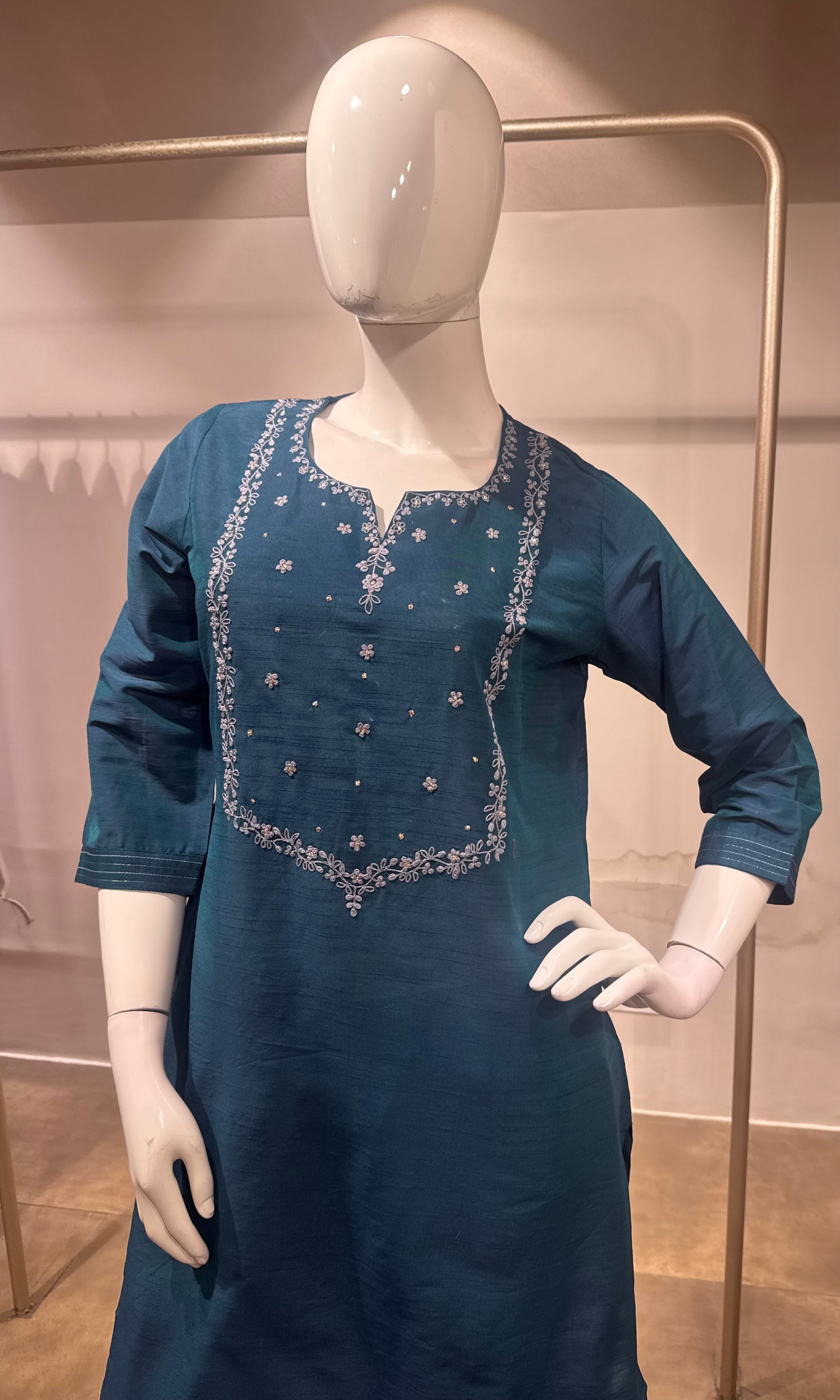 Blue Embroidered Straight Kurta Pant & Dupatta Set