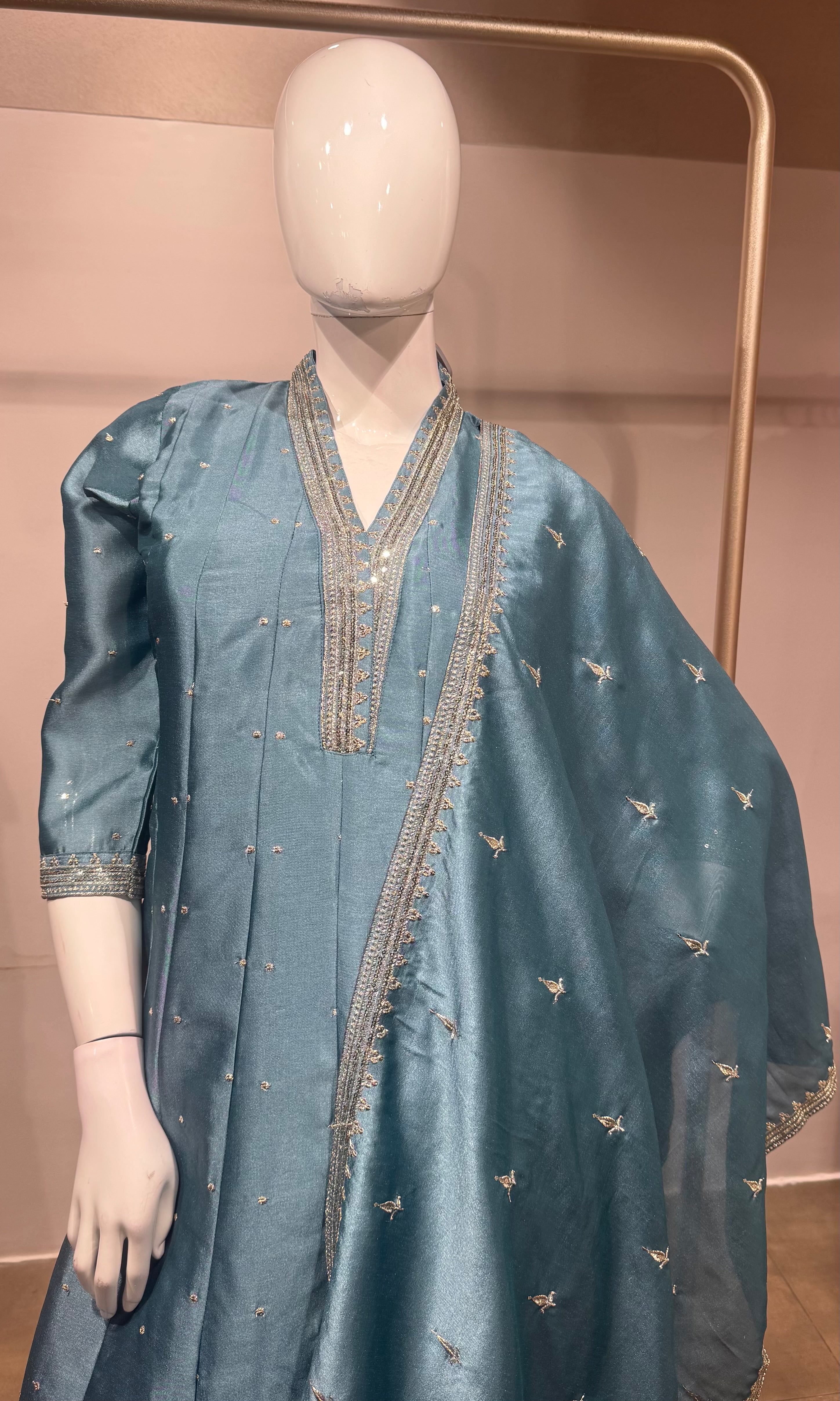Blue silk golden embroidered anarkali set