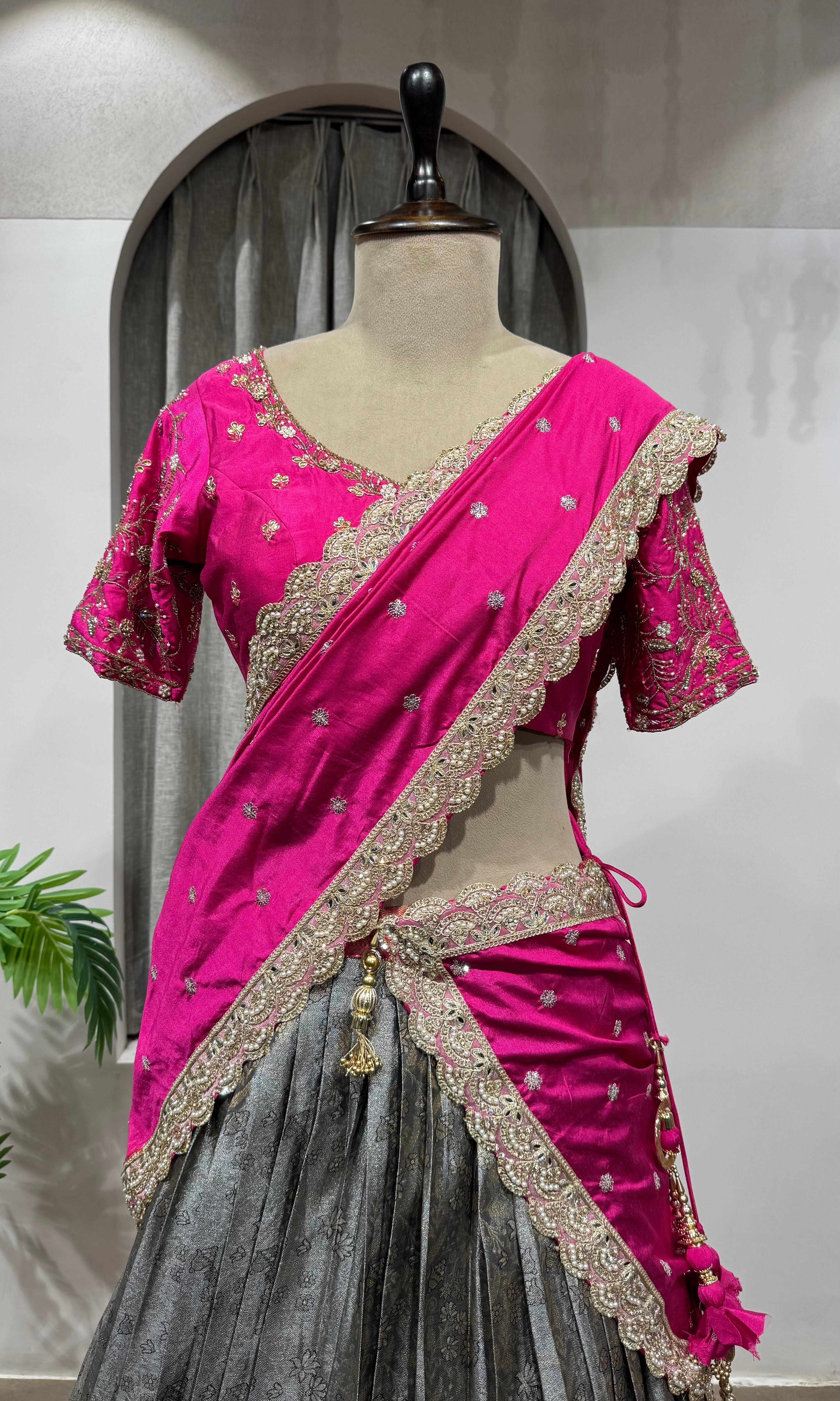 PINK AND GREY KANJIVARAM PATTU LEHENGA