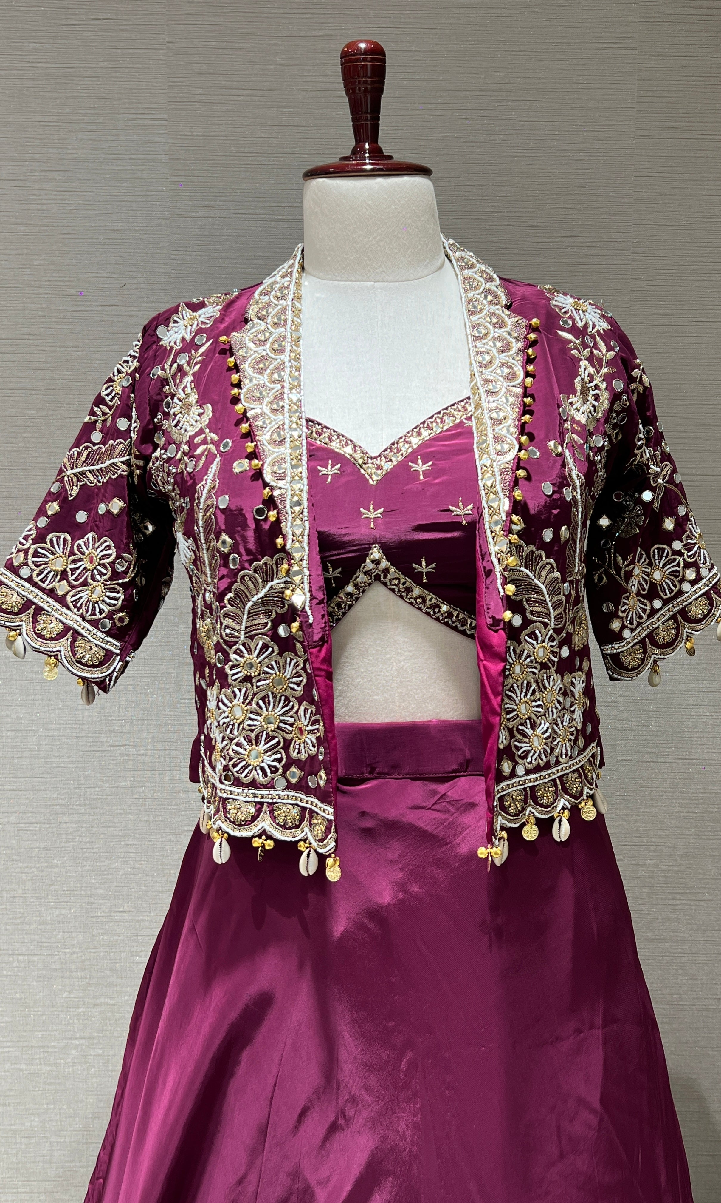 Wine Lehenga with Embellished Crop Jacket