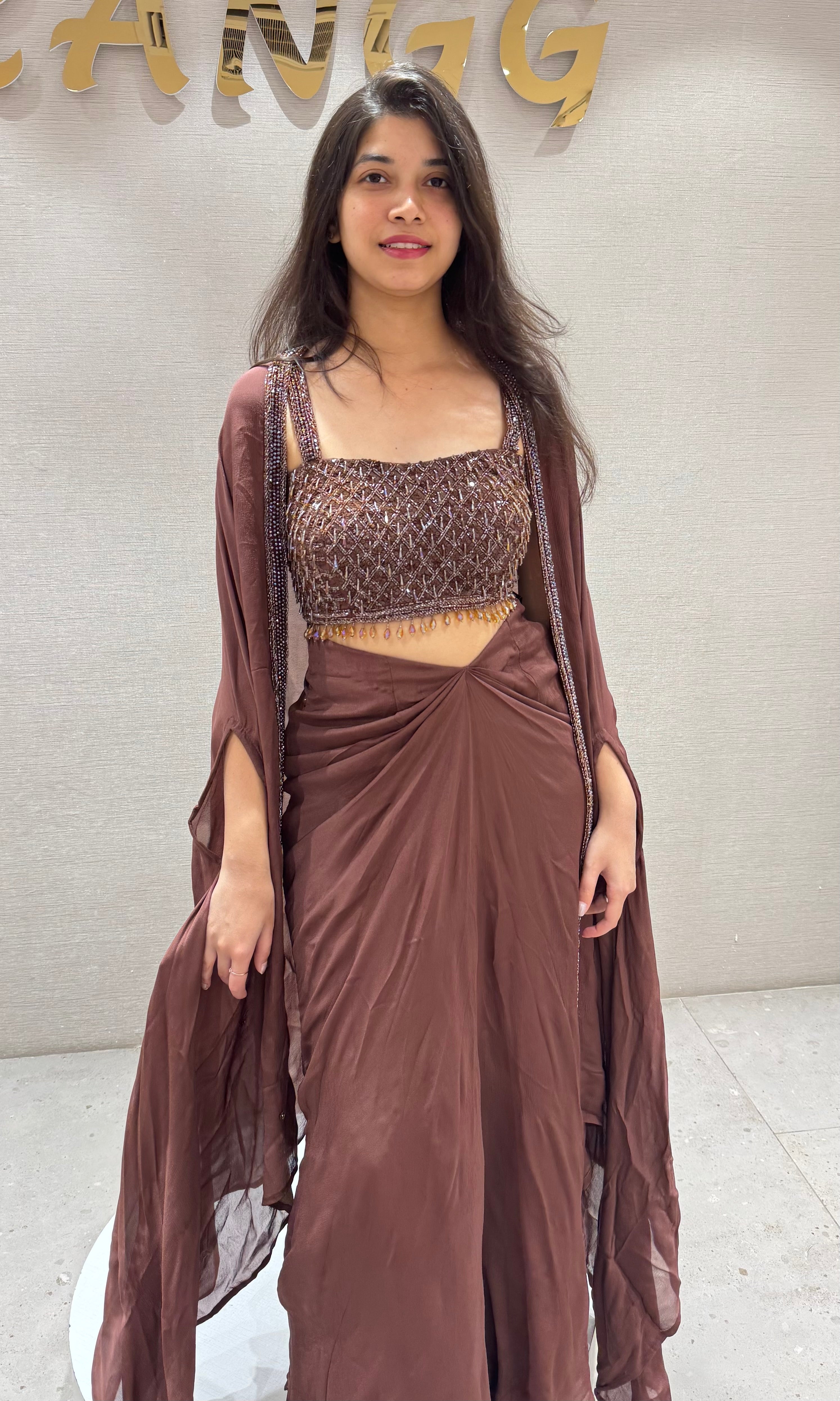 Brown DRAPE SAREE WITH CORSET BLOUSE & CAPE
