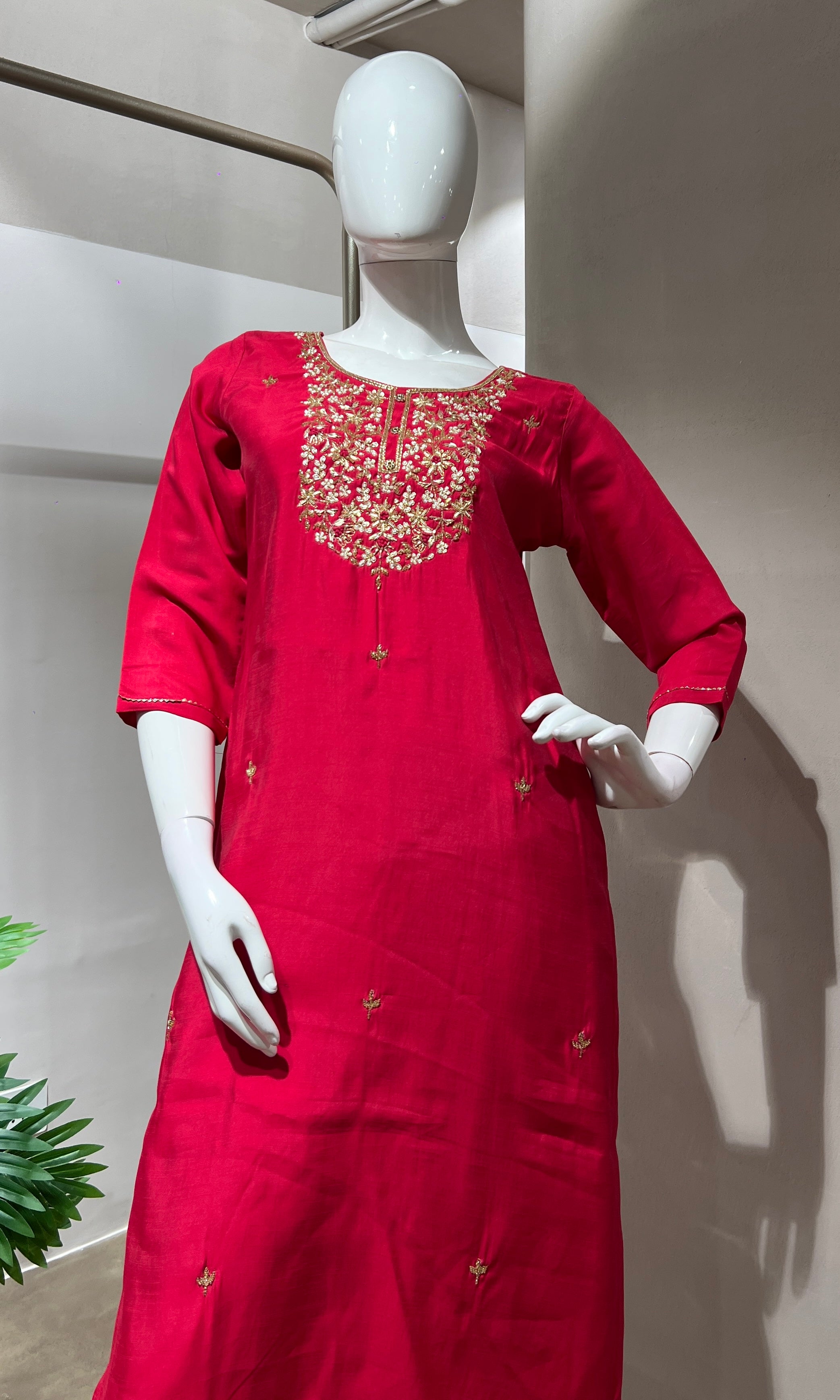 RANI PINK GOLD NECK WORK KURTA SET