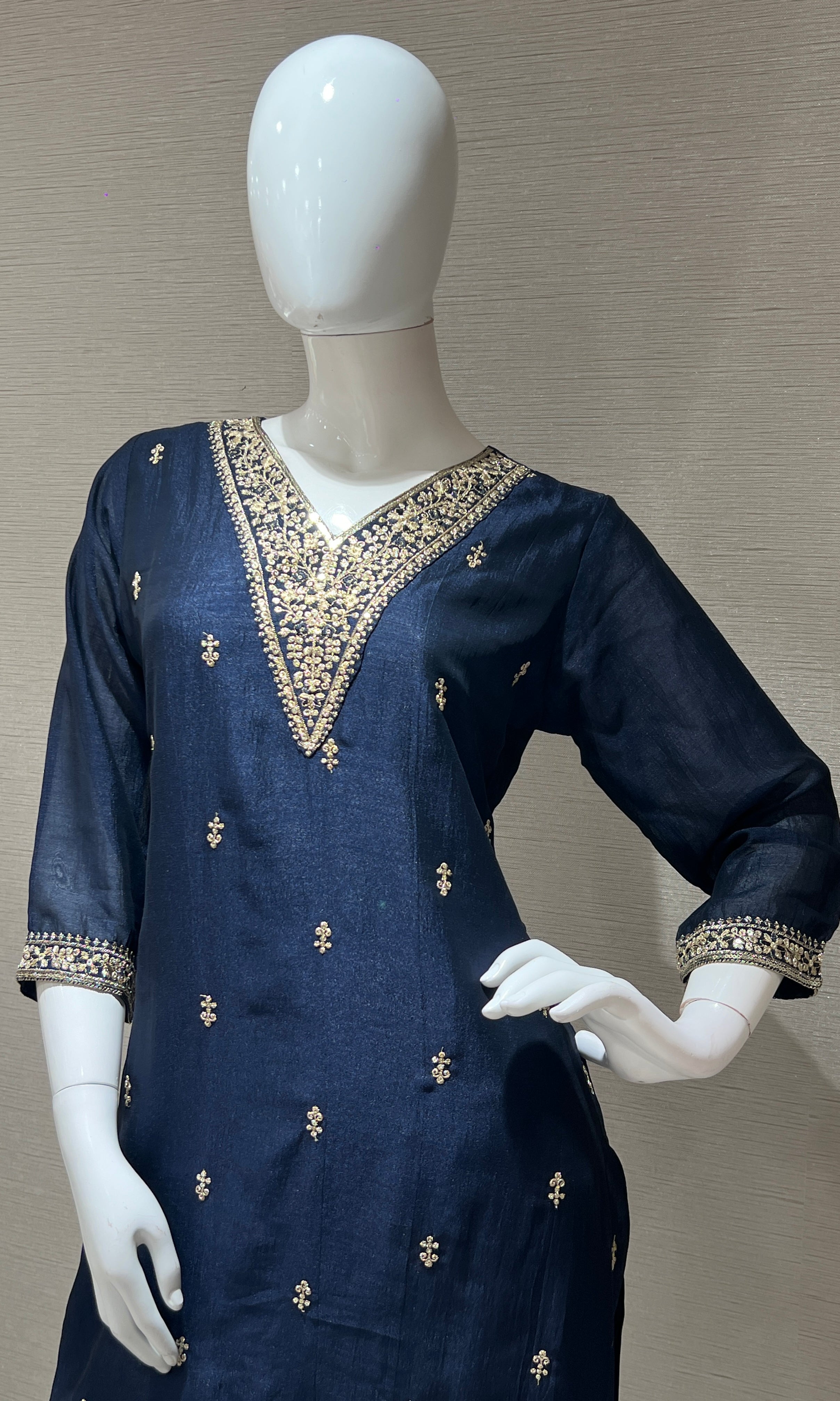 Navy blue kurta set with contrast gold duppatta