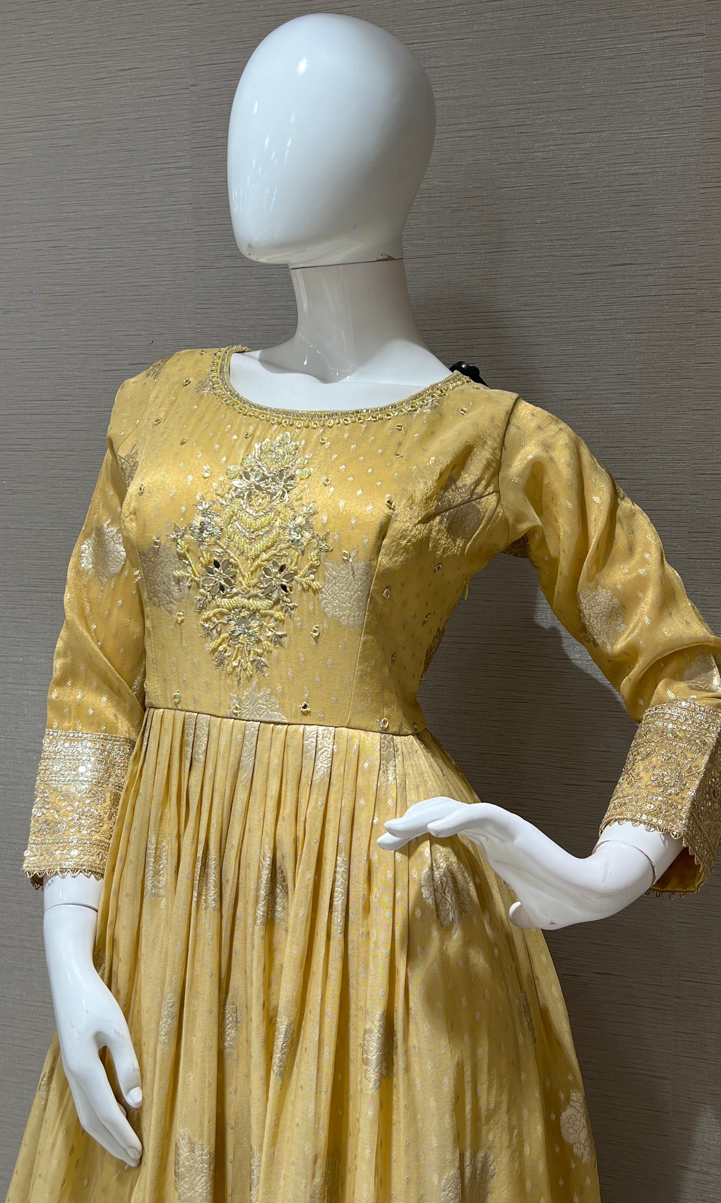 Light Yellow long Gold Embroidered Anarkali