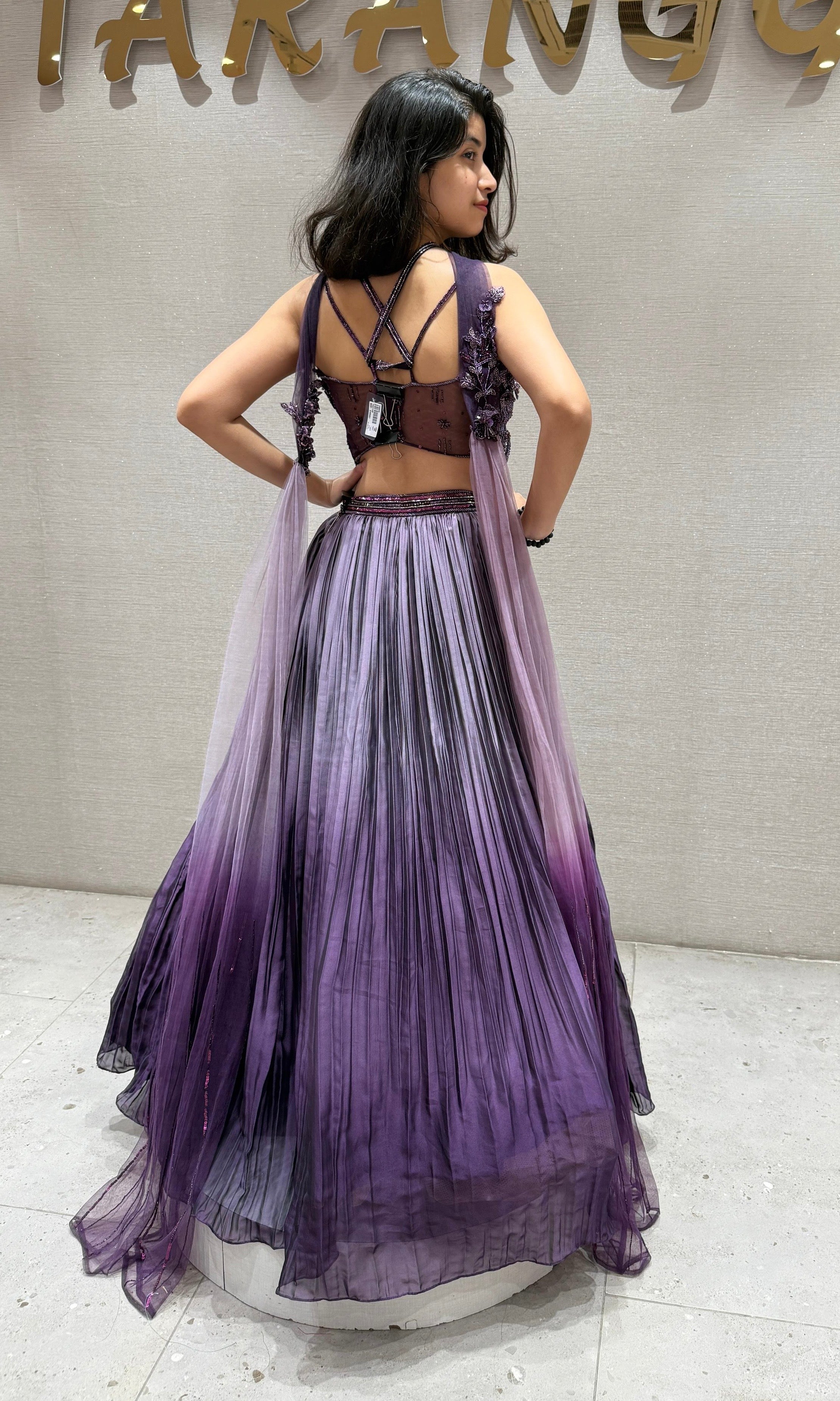 Purple Plum Embellished Blouse Pleated Lehenga