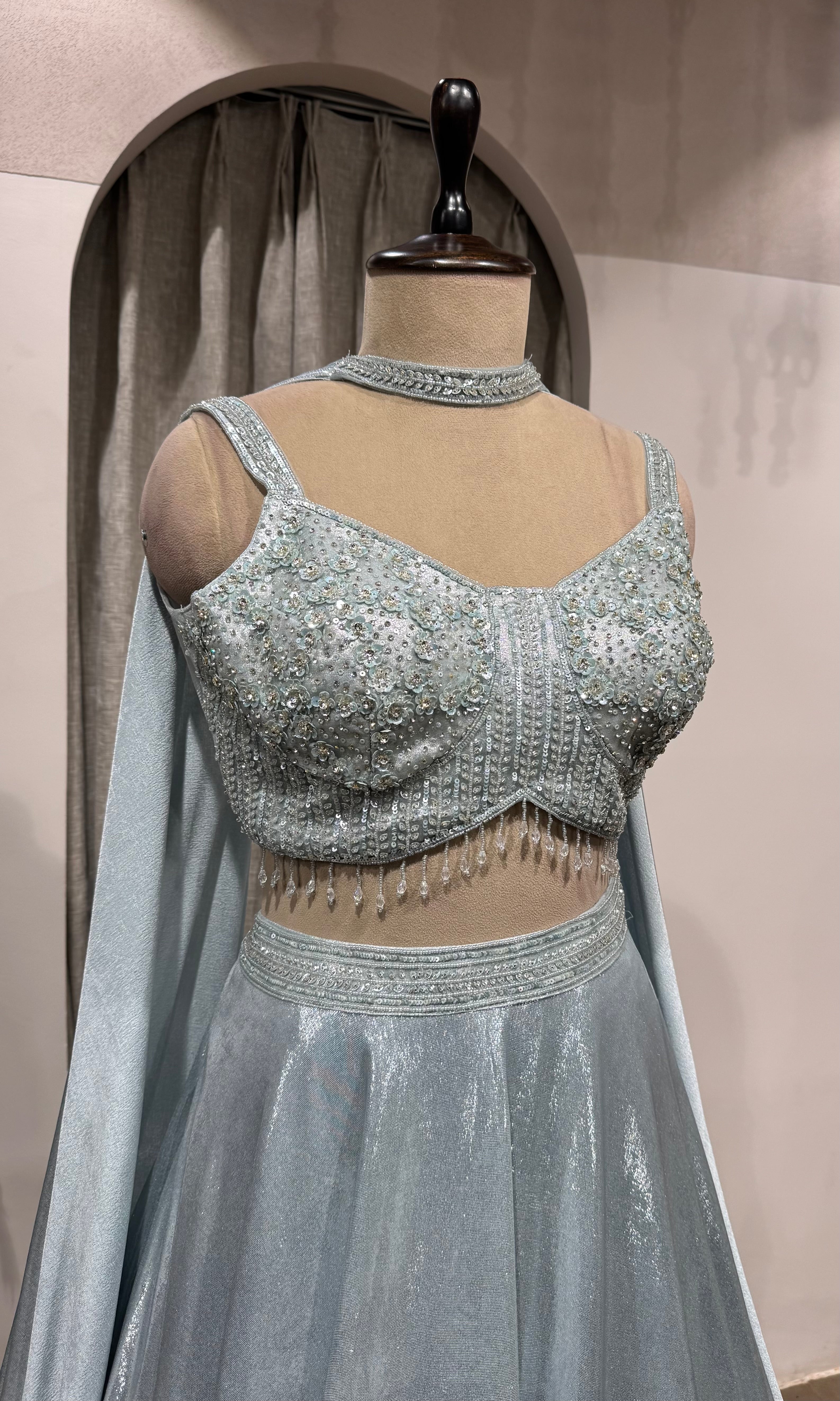 Sea Blue Shimmer Lehenga with Embroidered Blouse