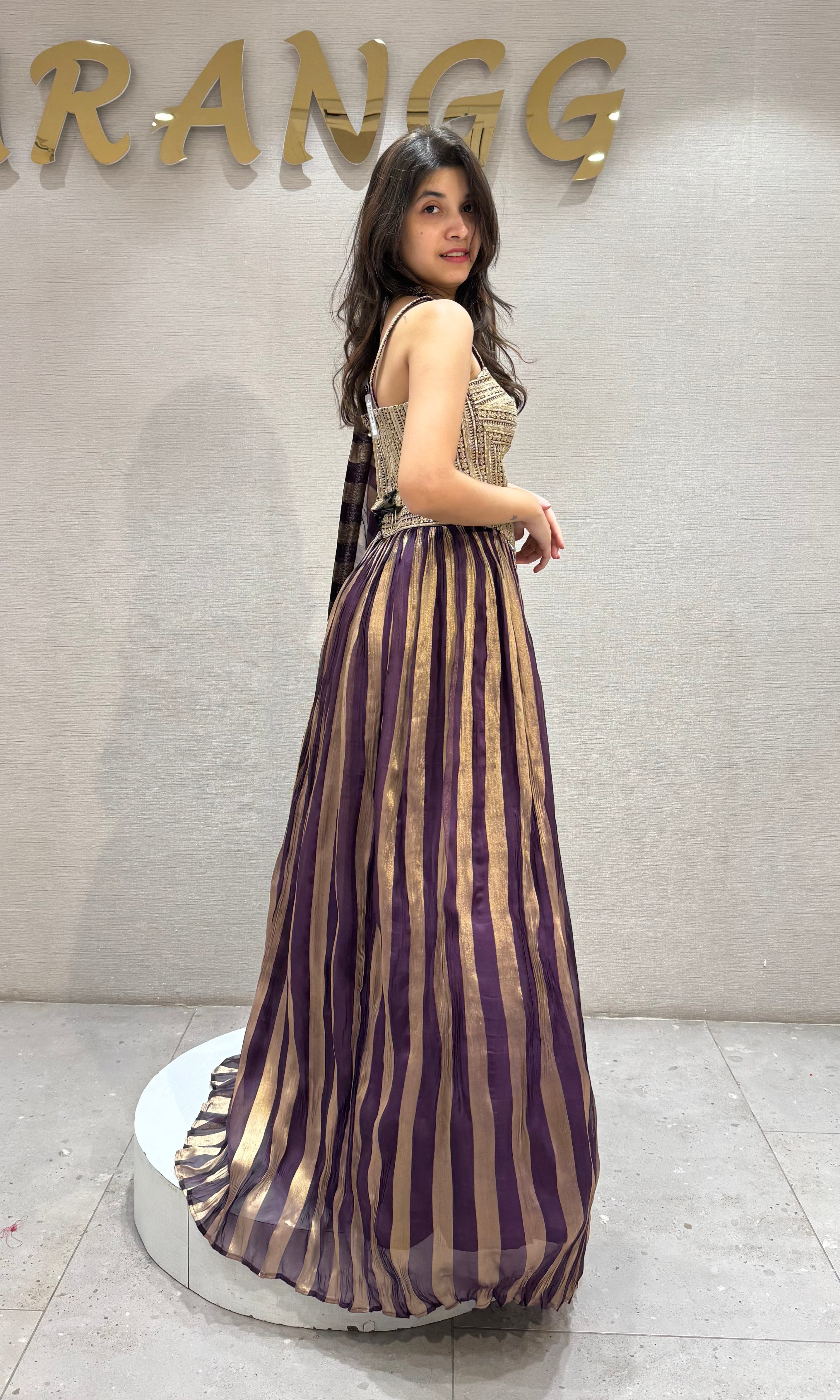 Wine & Gold Striped Corset Lehenga Set